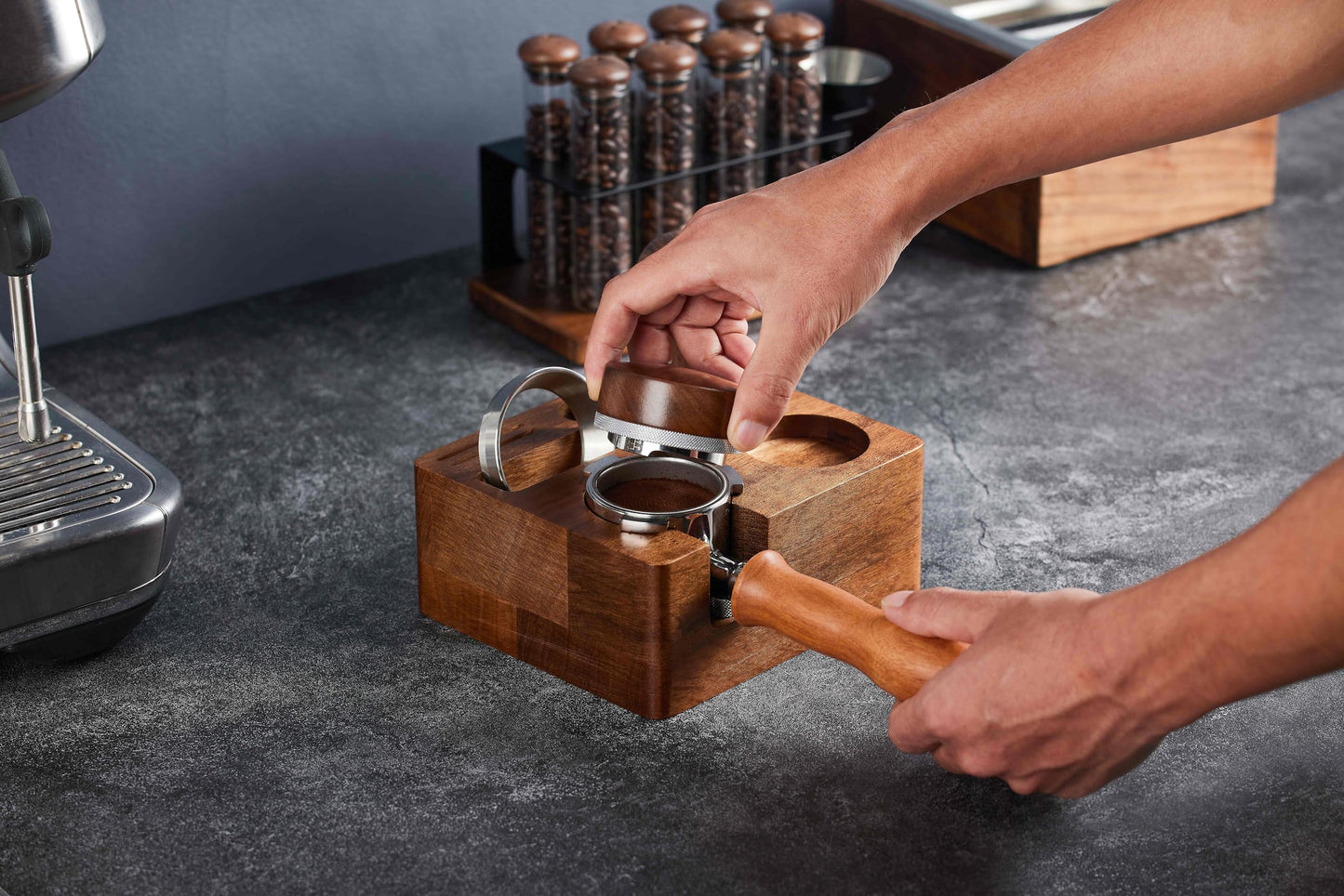 Teyearlife 54mm distributor called Adjustable Depth espresso leveler Compatible with Breville Machine Accessories The coffee leveler Made of Stainless Steel and Walnut wood