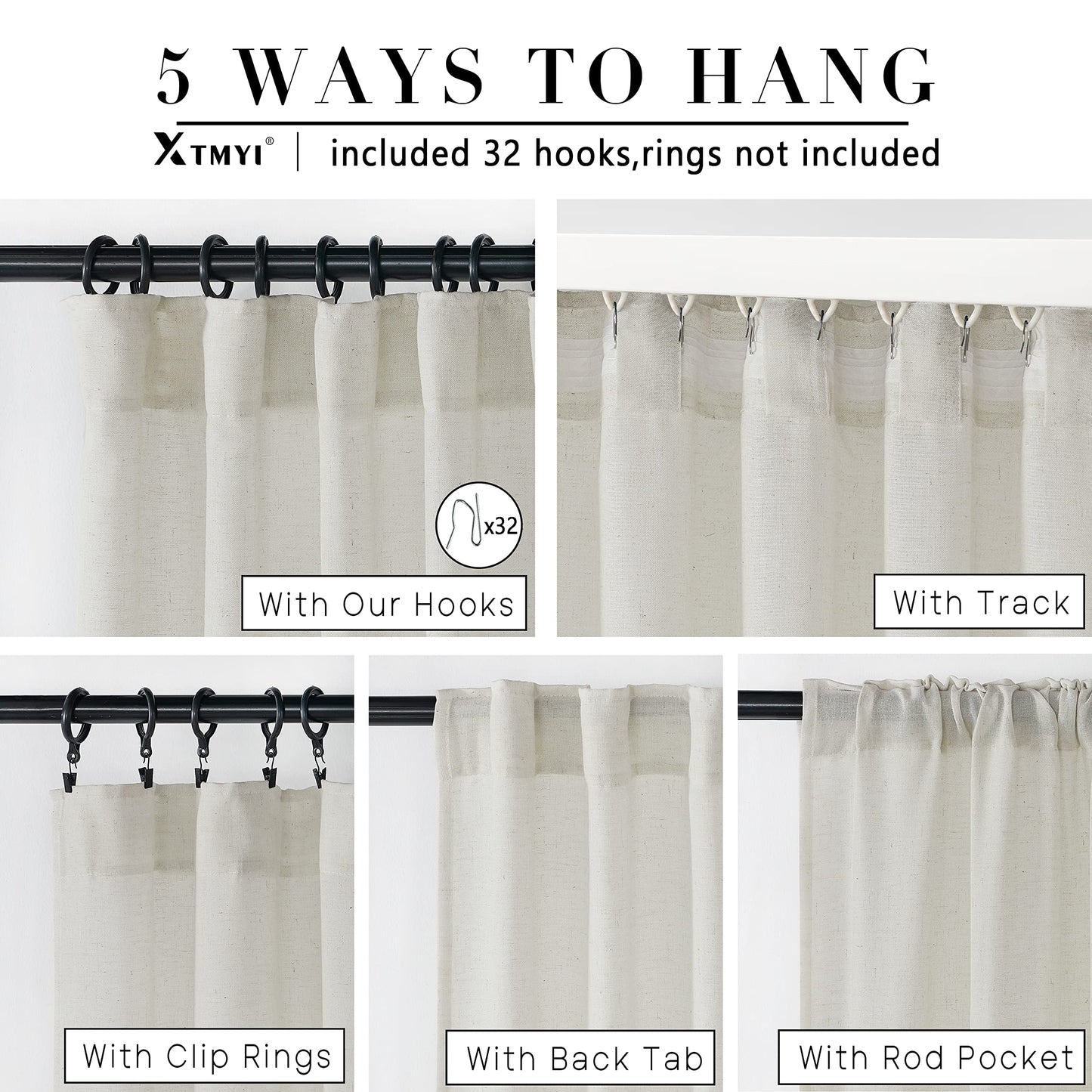 XTMYI 108 Inch Linen Curtains, Extra Long Ceiling Curtain for Track System with Hooks, Sheer Light Filitering 9FT 9 FT Curtains for Living Room Bedroom, Set of 2 Panel, Cream