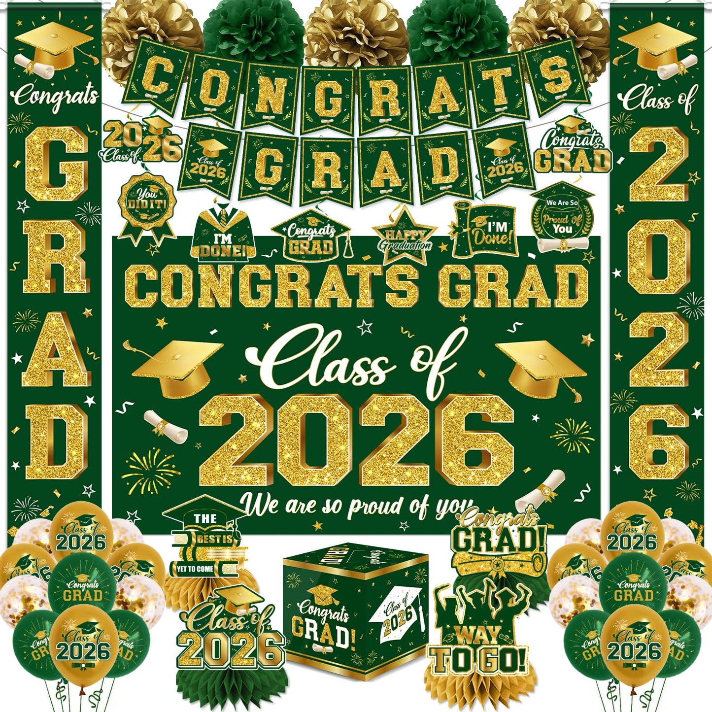 2026 Graduation Decorations - Green Congrats Grad Party Supplies include Card Box, Backdrop, Banner and Balloons for Class of 2026 Decorations Set