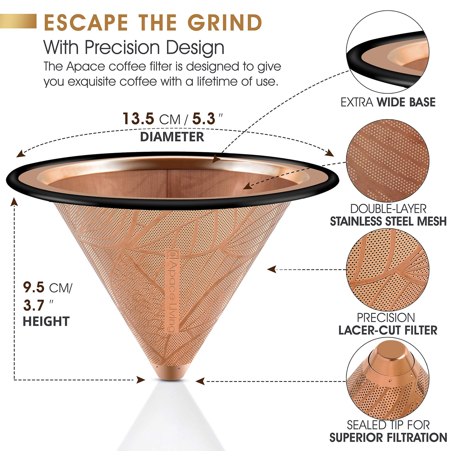 Compatible with Chemex, Hario V60 Pour Over Coffee Filter - Wide Metal Base Reusable Stainless Steel Coffee Dripper - Paperless Coffee Filter for Sustainable Brewing