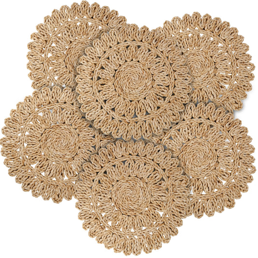 13.8" Corn Husk Woven Round Placemats Set of 6 - Wicker Boho Farmhouse Placemats - Rattan Table Mats for Dining Table, Wedding, Home