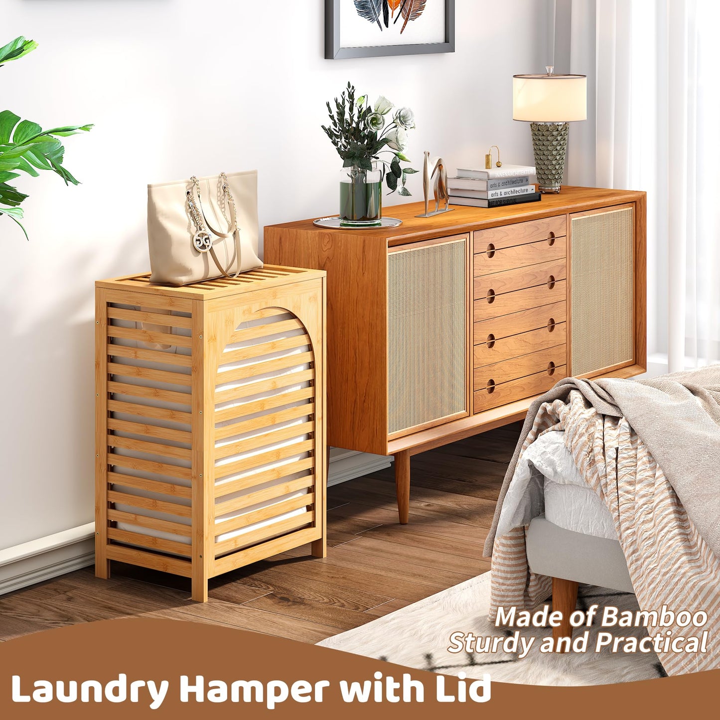 FILWH Laundry Hamper with Lid (16.9 * 13 * 26.5inches) Large Bamboo Laundry Bin Basket 85L Clothes Hamper with 1 Removable Bag Storage baskets for Bathroom(Natural)