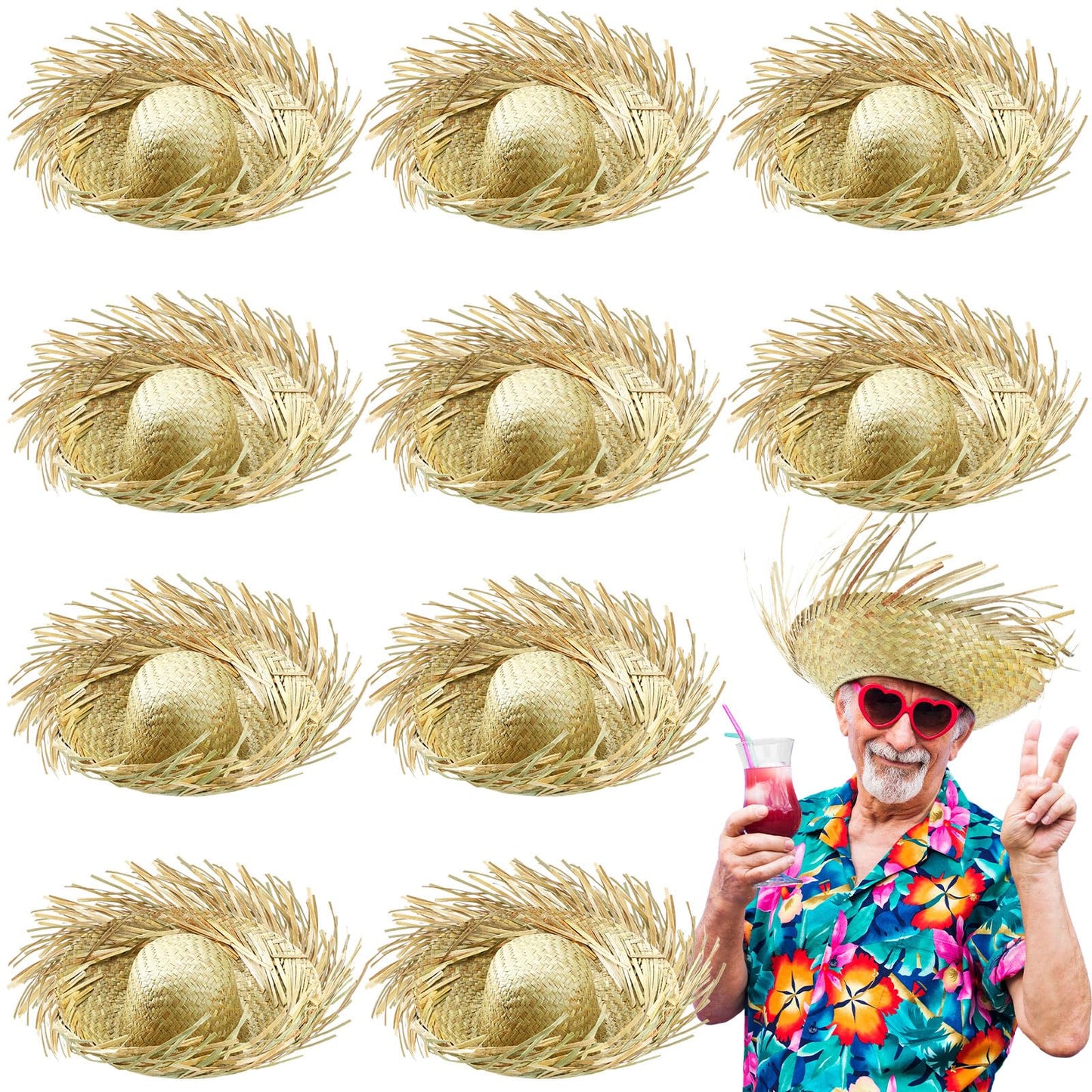 Hercicy 10 Pcs Adult Hawaiian Luau Straw Hats Pava Hat Puerto Rico Beachcomber Hats for Party Costumes Accessories Decor(Khaki)