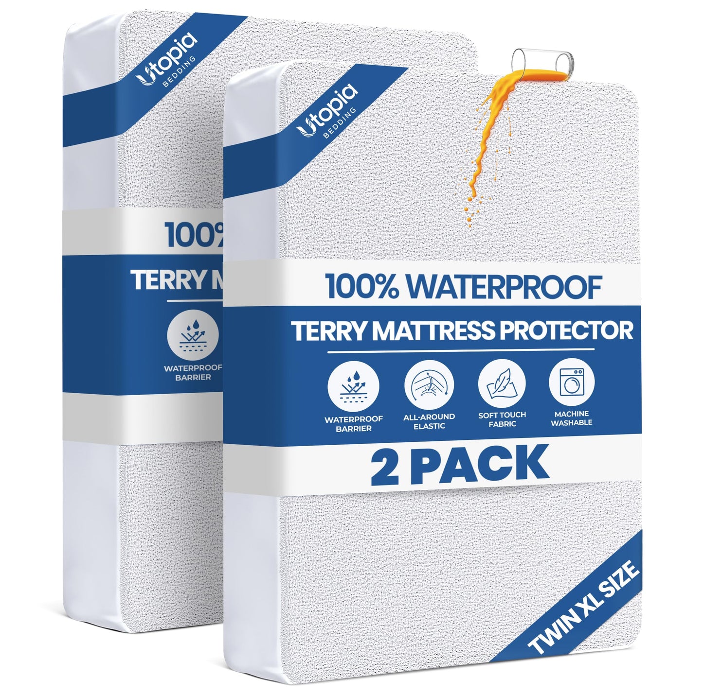 Twin XL Size Mattress Protector Waterproof 2 Pack, Premium 200 GSM Terry Mattress Cover, Soft & Breathable Bed Cover, Fitted Sheet Style Stretchable Deep Pockets 15" by Utopia Bedding (White)