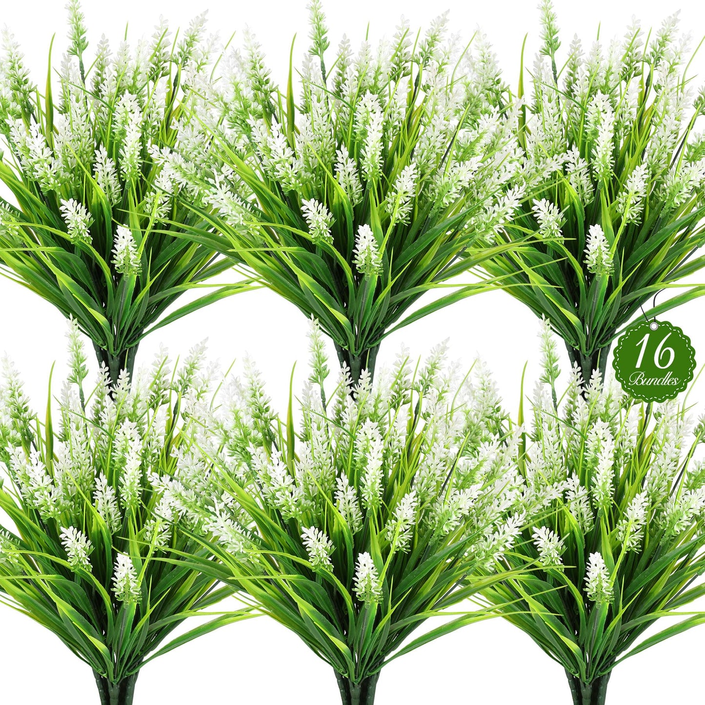 AmberFun 16 Bundles Artificial Plants Outdoor, UV Resistant Fake Lavender & Monkey Grass, Realistic Plastic Faux Plants for Balcony, Patio, Porch Greenery Decor, Planter Filler(White)