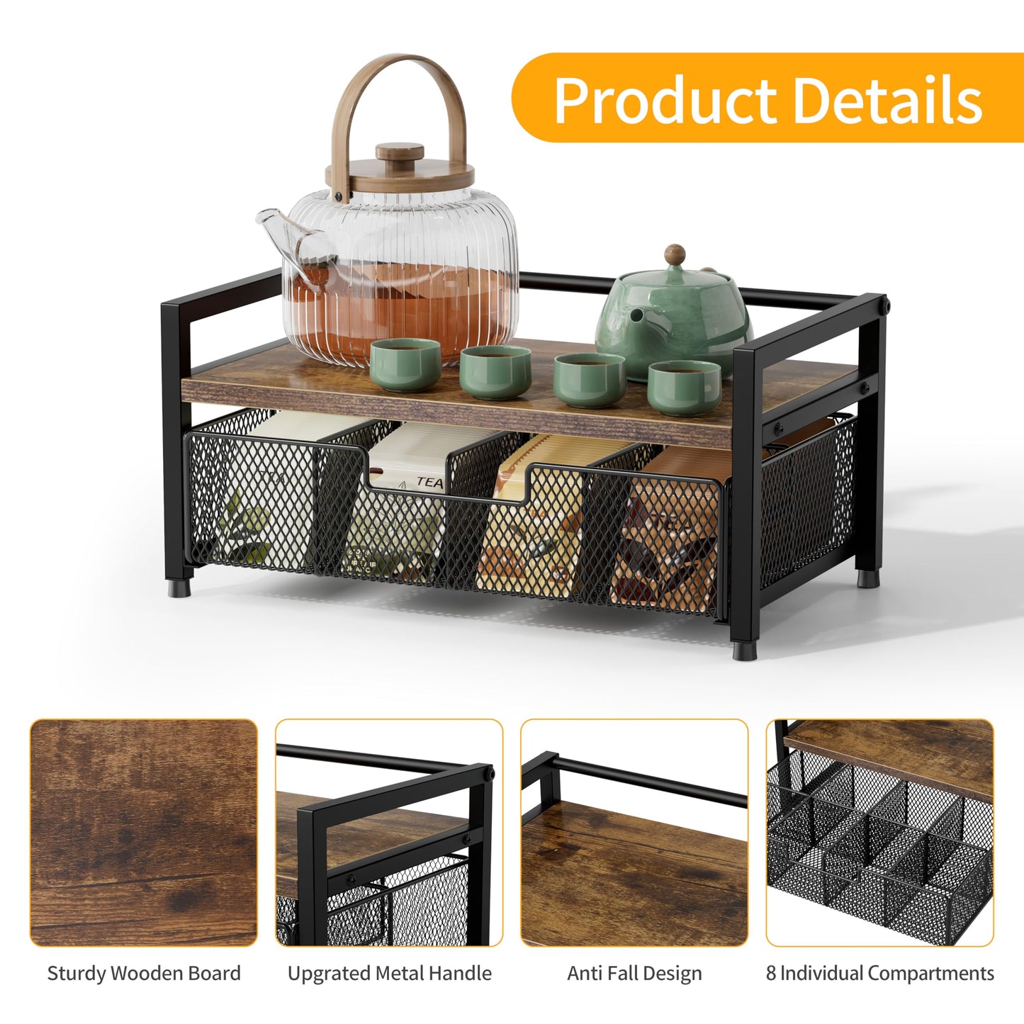 Segtenant Tea Bag Organizer, Tea Bag Holder with Drawer, Wood and Metal Tea Organizers and Storage Chest for Countertop Kitchen, Office, Rustic Brown