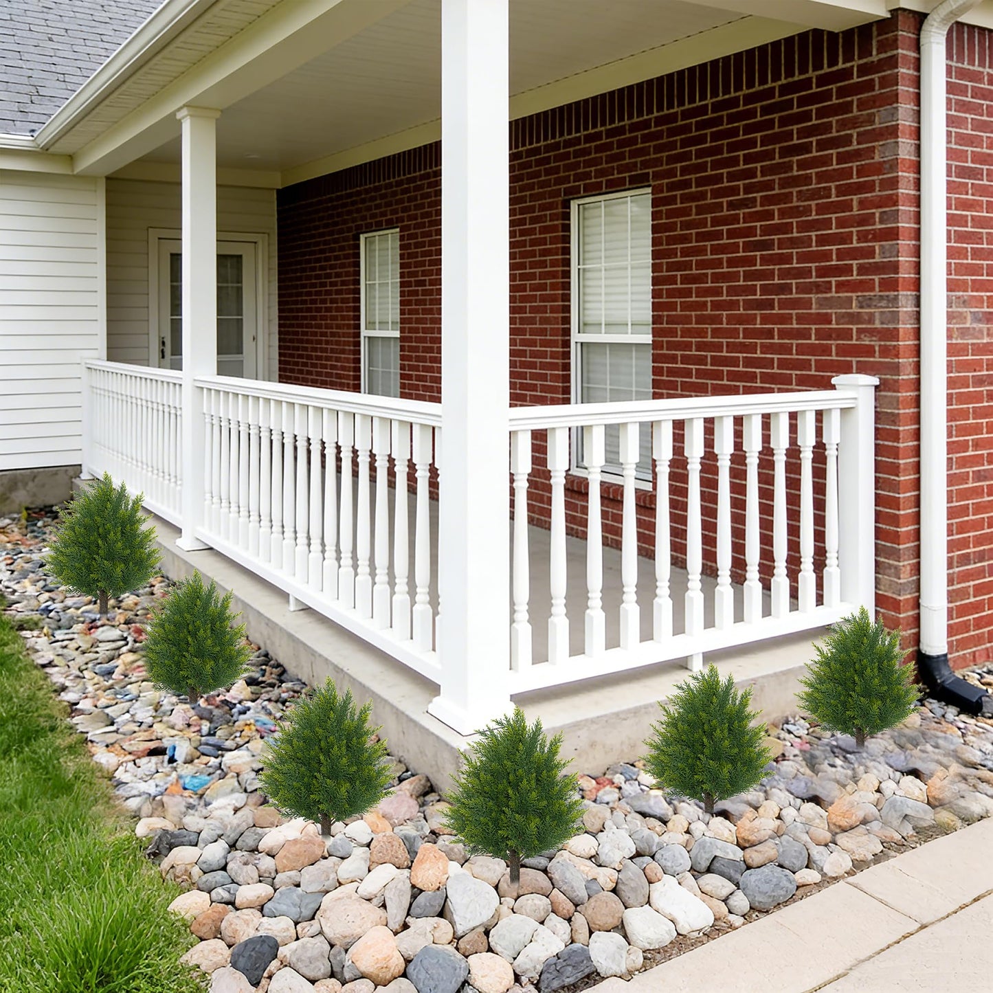 21'' Artificial Cedar Topiary Ball Trees with Ground Spike, 2 Pack Artificial Shrubs, UV Resistant Fake Plant Brush for Indoor Outdoor Front Porch Garden