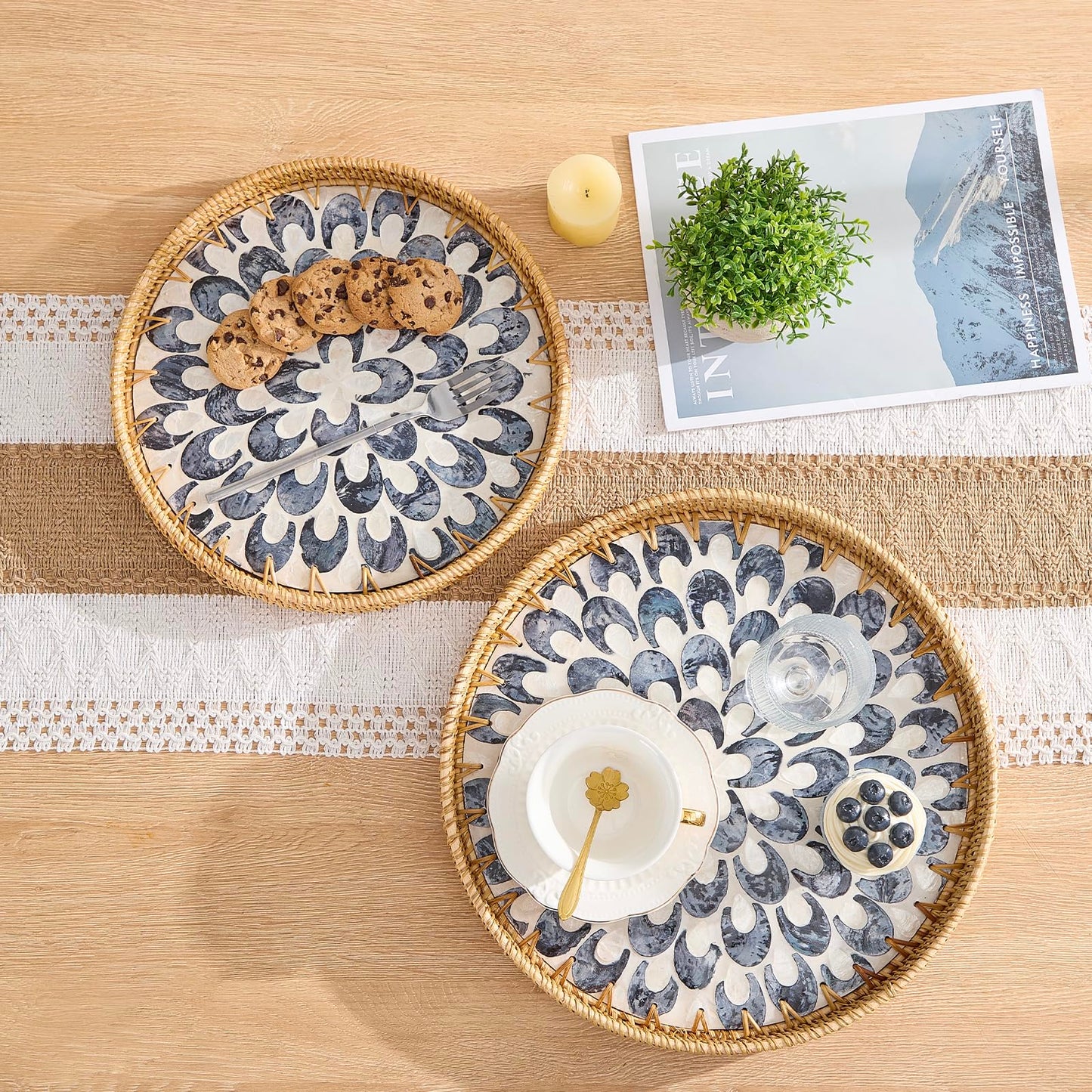 Round Rattan Tray with Mother of Pearl Inlay, Rattan Serving Tray with Wooden Base, Decorative Wicker Basket for Table Decor, Storage and Display of Coffee Bread Food Fruit (Plume 13.5")