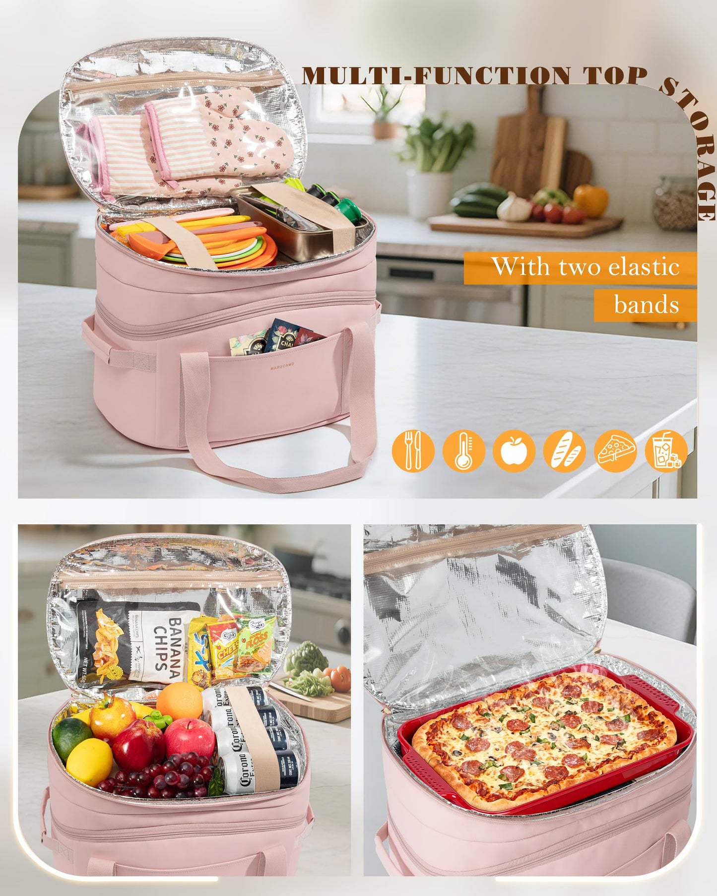 Marscamd Double Layers Slow Cooker Carrying Bag Compatible with 6-8 Quart Crockpot and Hamilton Beach, Slow Cooker Insulated Carrier with Utensils Storage Section, Pink