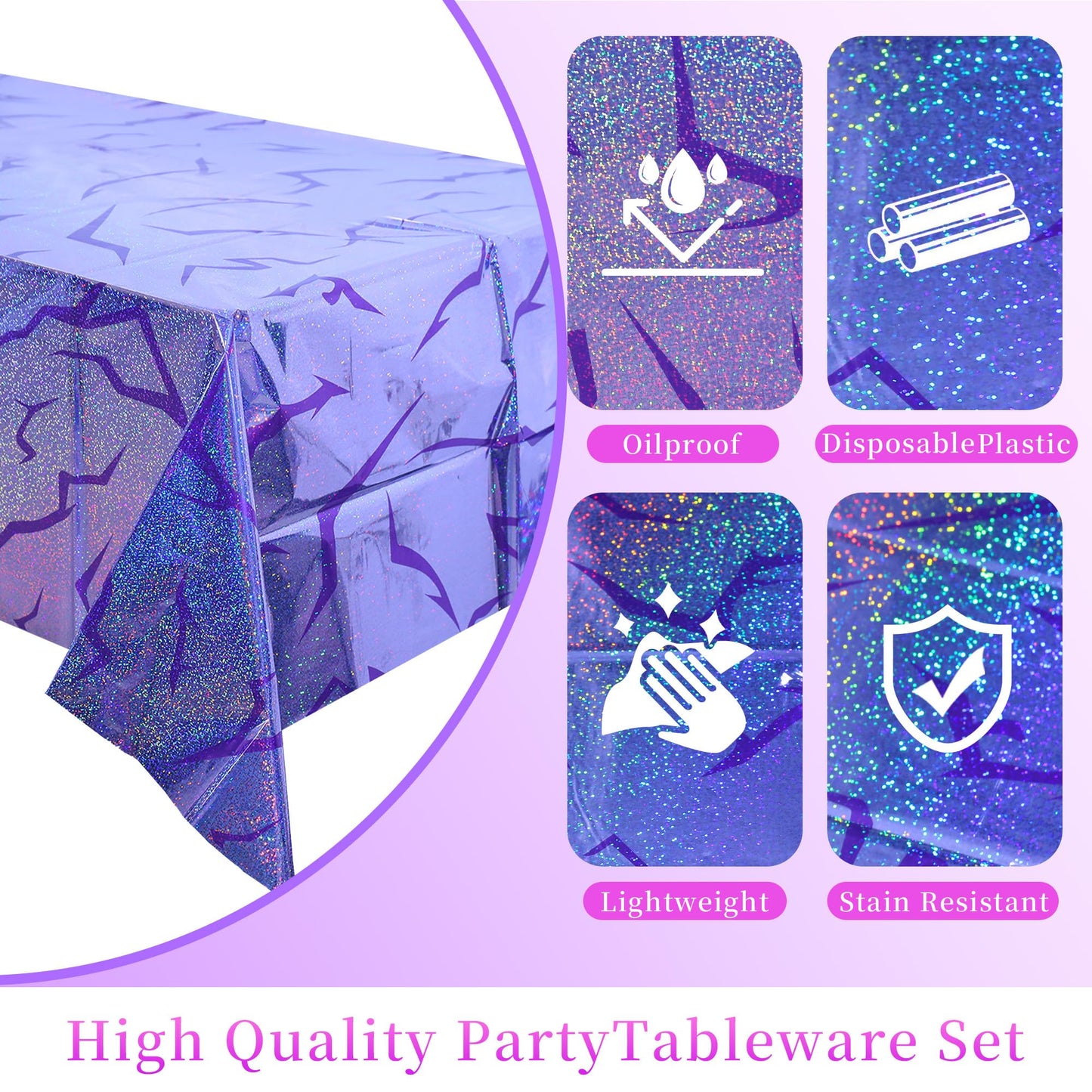 Demon Hunter Birthday Tableware Decor for 20Guests, Purple Holographic Laser Energy Pattern Plates Cups Napkins Tablecloth Cutlery, Sparkling Korean Idol Movie Decoration for Party, Birthday, Bachelor