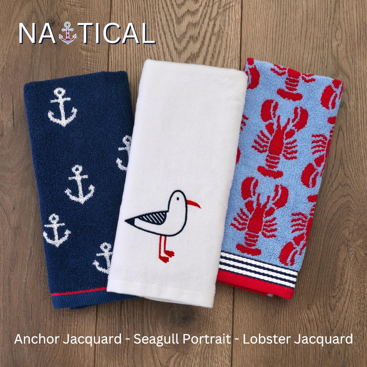 SKL Home Anchor Hand Towel 2pc Set for Bath/Kitchen/Bar & Gift, Navy
