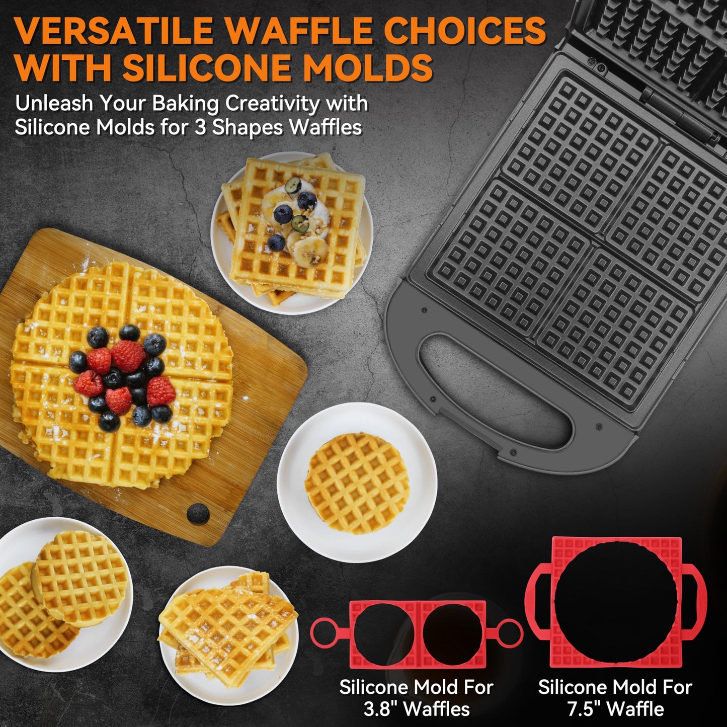 Baker's Friend Multi Shapes Waffle Iron, A Combo of Mini Waffle Maker, American Classic Waffle Maker, Belgian Waffle Machine Thick & Chaffle Maker, Waflera Electrica, With 2 Silicone Molds, Graphite
