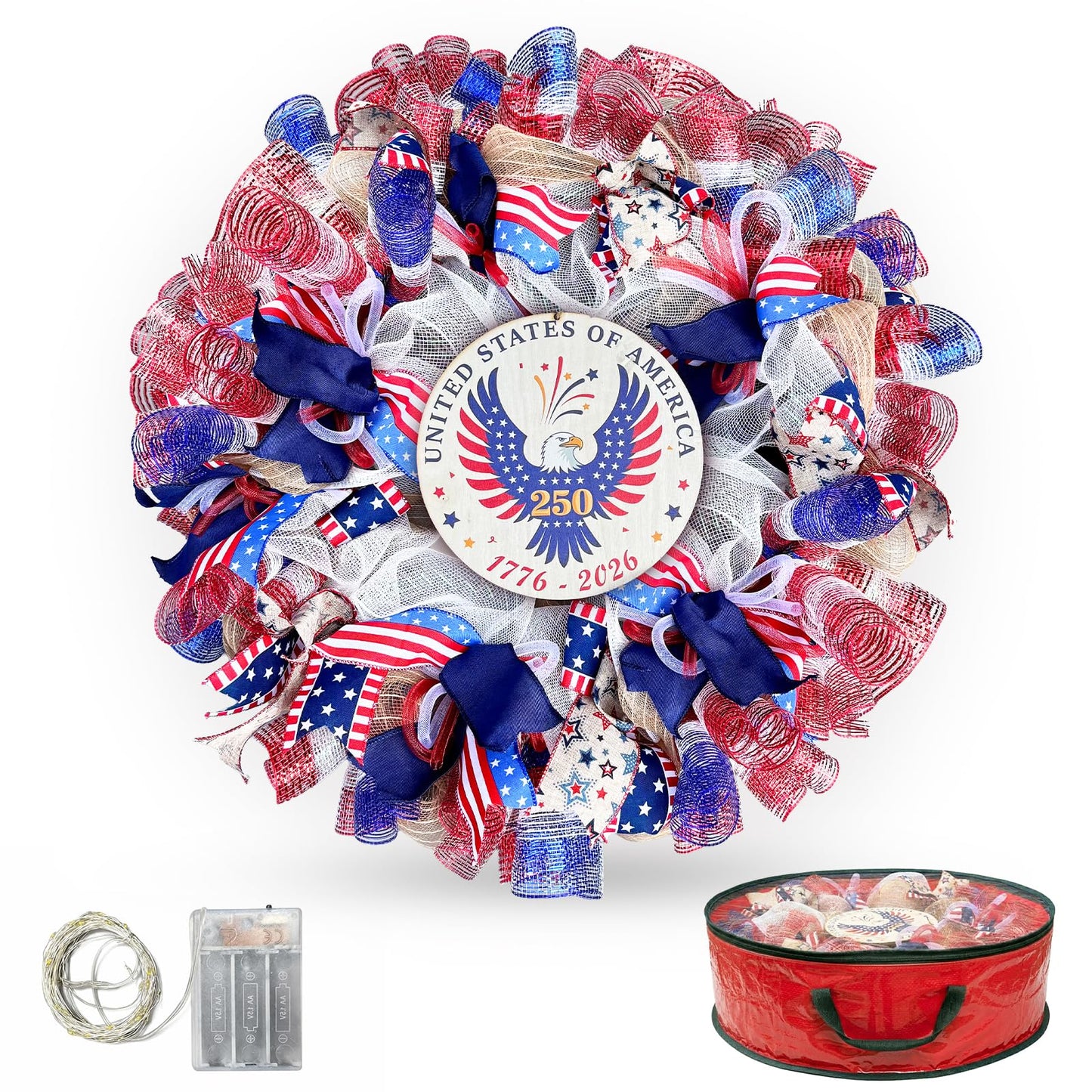 Presentastic 250th Anniversary Patriotic Wreaths for Front Door, 24 Inch Large 4th of July Wreath with Removable 1776-2026 Eagle Door Sign, Handcrafted Memorial Day Decorations with Light &Storage Bag