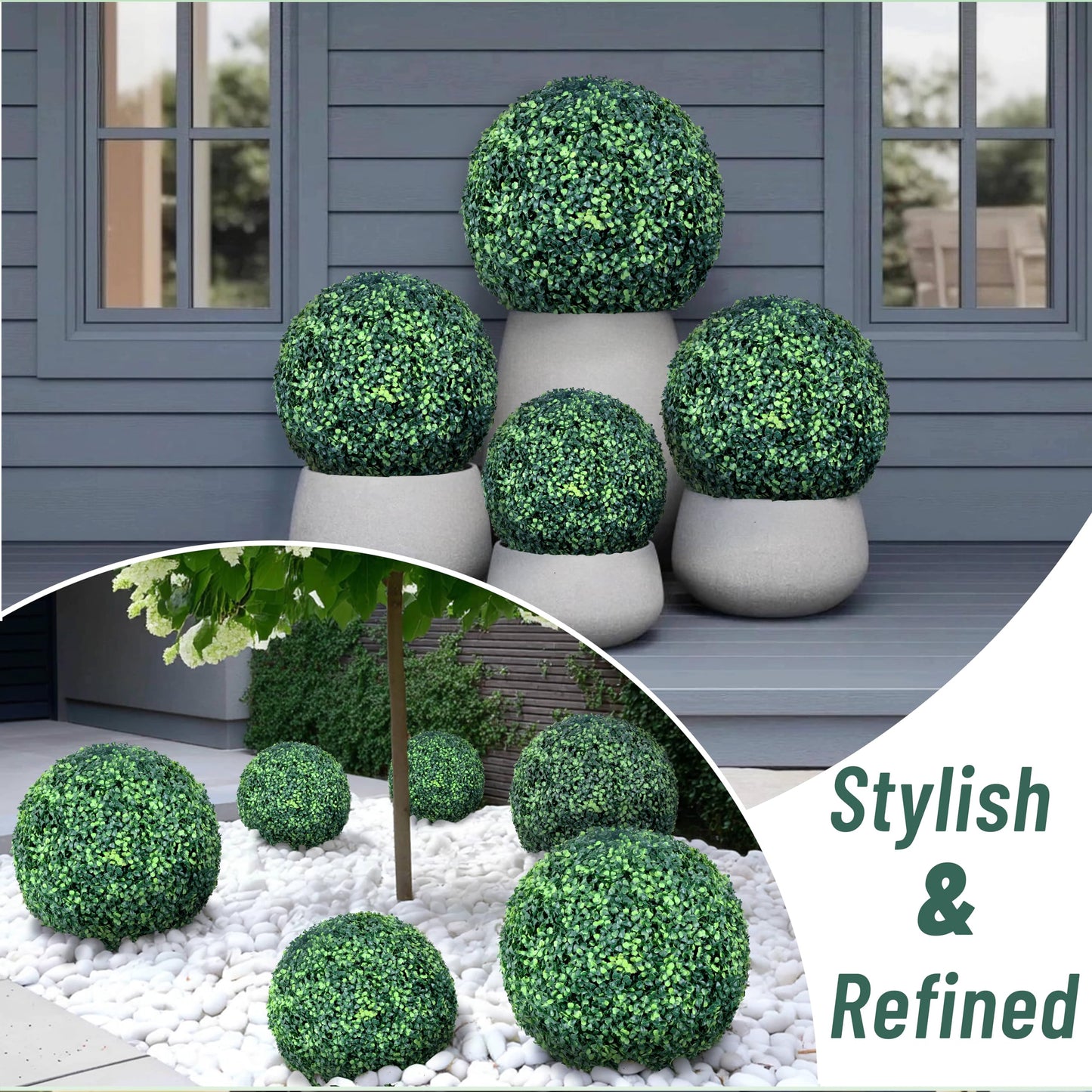 Decwin 15 Inch 2 Packs Artificial Boxwood Balls Topiary Balls, 4 Layers of UV-Resistant Greenery Balls Indoor Outdoor Garden, Backyard, Patio, Front Door – Assembly Required