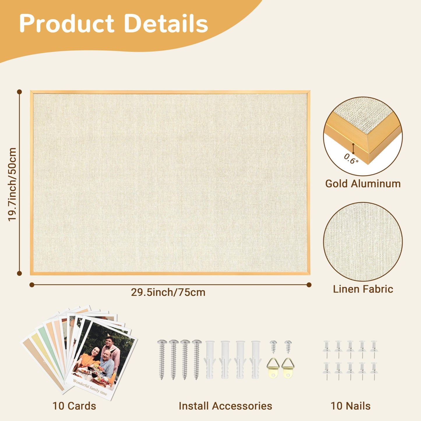 Marribol Pin Board with Linen,30’’x 20’’,Gold Aluminum Framed Vision Board for Home Office School,with 10 Cards,10 Push Pins