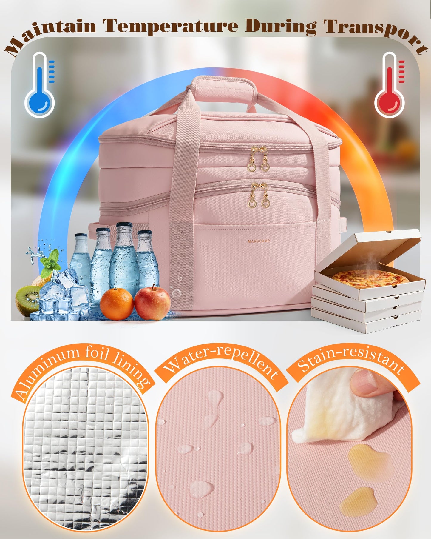 Marscamd Double Layers Slow Cooker Carrying Bag Compatible with 6-8 Quart Crockpot and Hamilton Beach, Slow Cooker Insulated Carrier with Utensils Storage Section, Pink