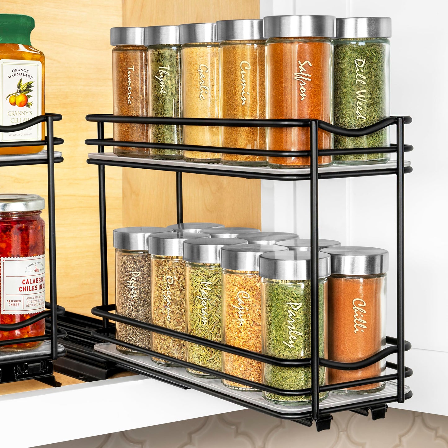 LYNK PROFESSIONAL® Pull Out Spice Organization for Cabinets - 4-3/8 inch Wide – Spice Rack for Inside Cabinets, Slide Out Spice Rack Organizer for cabinet – Pull Out Spice Rack, Sliding 2 Tier Black