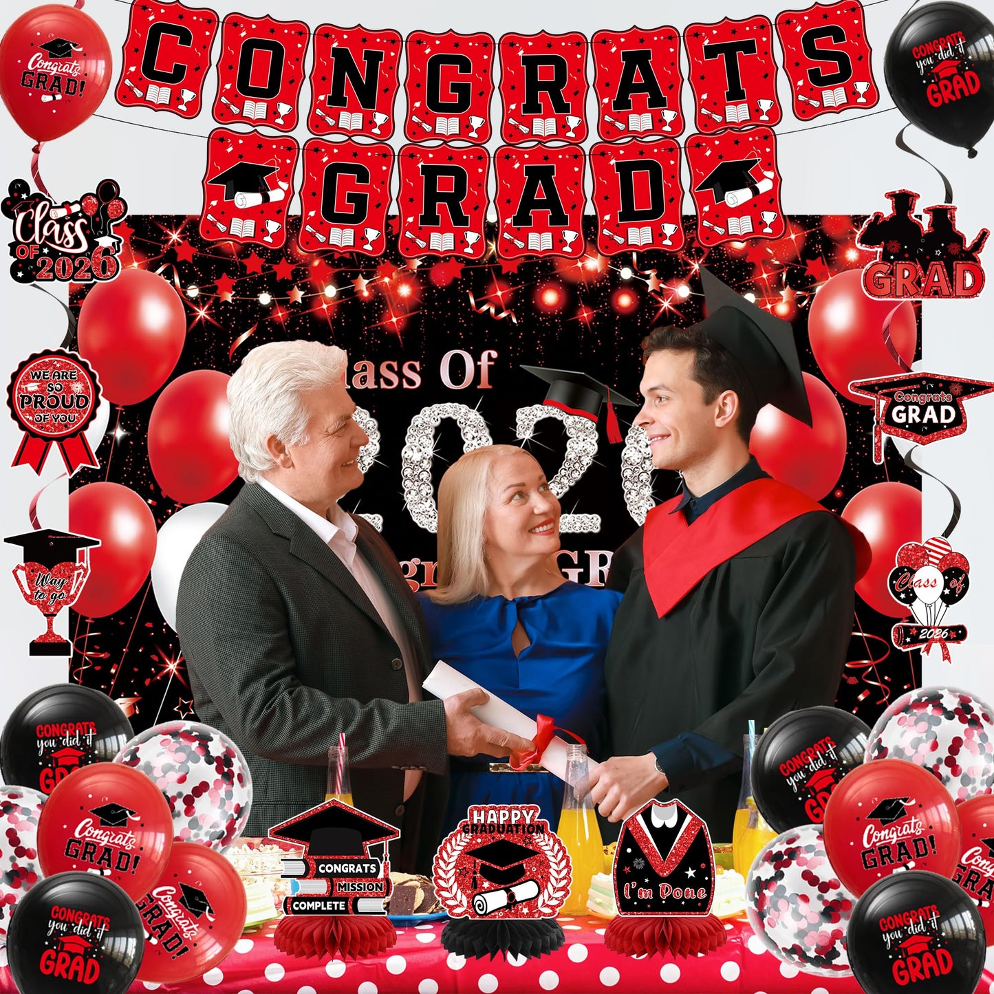 DARUNAXY Black Red Graduation Party Decorations, Red Class of 2026 Graduation Banner, 2026 Congrats Grad Honeycomb Hanging Swirl Confetti Balloon Congratulations Graduates Party Supplies(25PC)