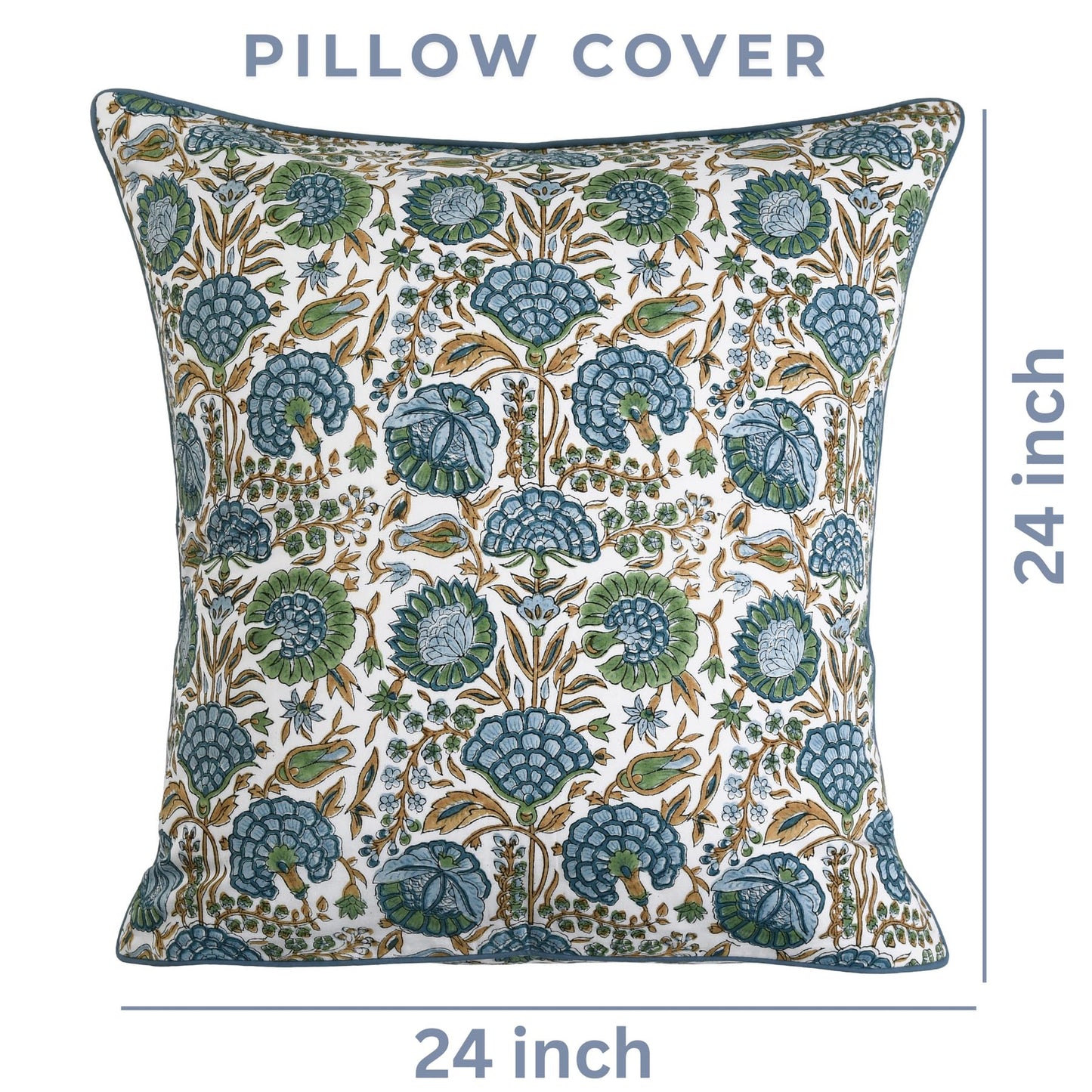 Ridhi Block Print Asparagus Green Pillow Cover 24" x 24" (Pack of 2) Decorative Couch Pillows for Living Room, Farmhouse Chic Boho Cute Outdoor Pillows Covers Gifts for Spring, Mother's Day