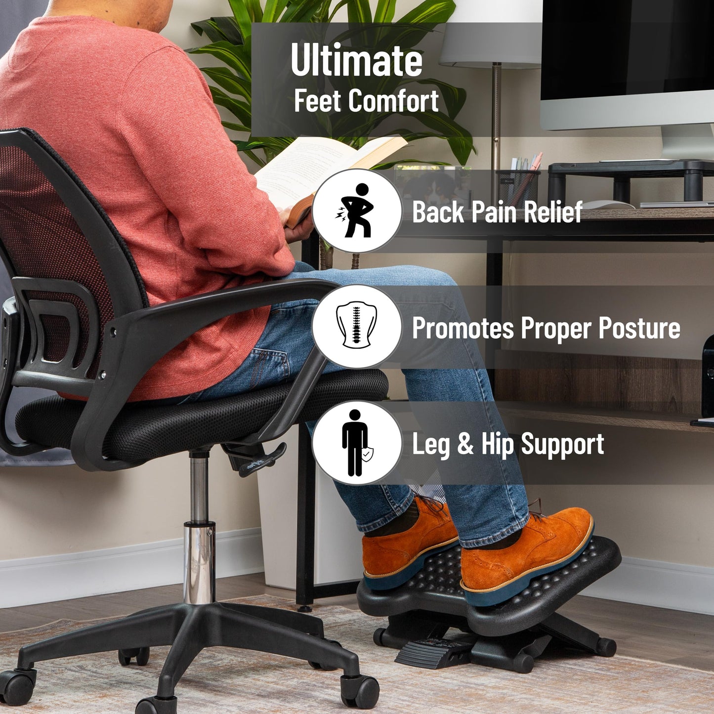 Mind Reader Foot Rest, Under Desk at Work, Ergonomic, Height Adjustable, Office, Plastic, 17" L x 13" W x 6.25" H, Set of 2, Black