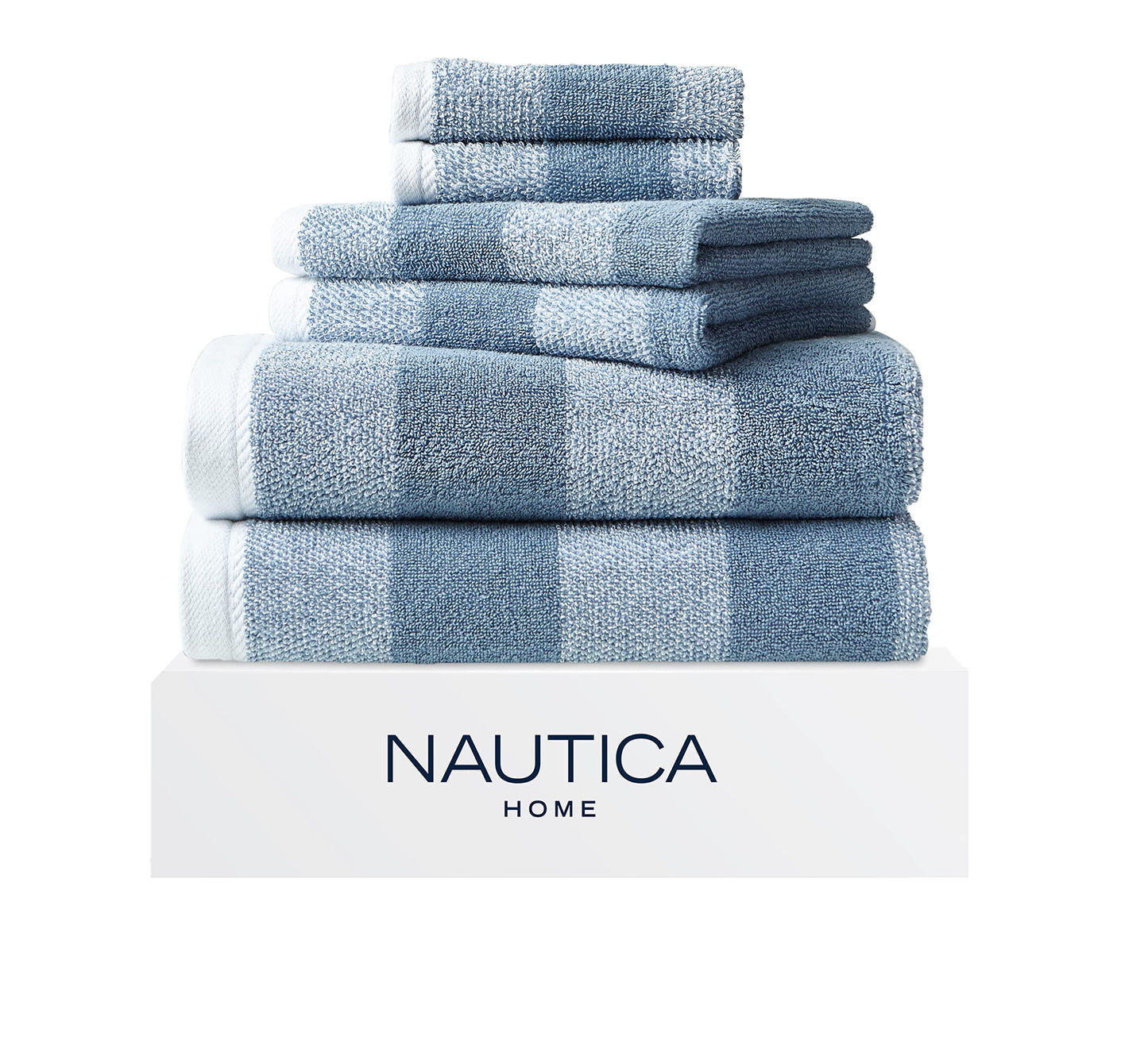 Nautica - Bath Towel Set, Cotton Bath, Hand & Washcloths, Plush, Absorbent & Quick-Dry, Striped Americana Decor, Set of 6, Oak Lake Blue