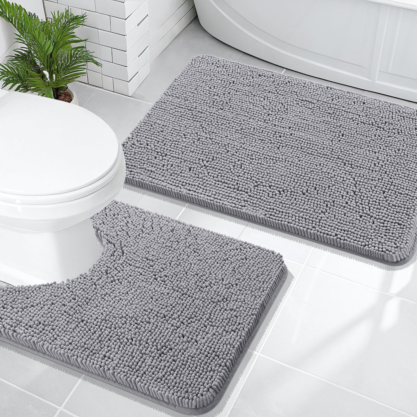 OLANLY Bathroom Rugs Sets 2 Piece, Soft Absorbent Chenille Bath Mats and U-Shaped Contour Toilet Mat Area Rug Set, Machine Washable Bath Carpet, Home Decor Accessories (30"x20"+24"x20", Grey)