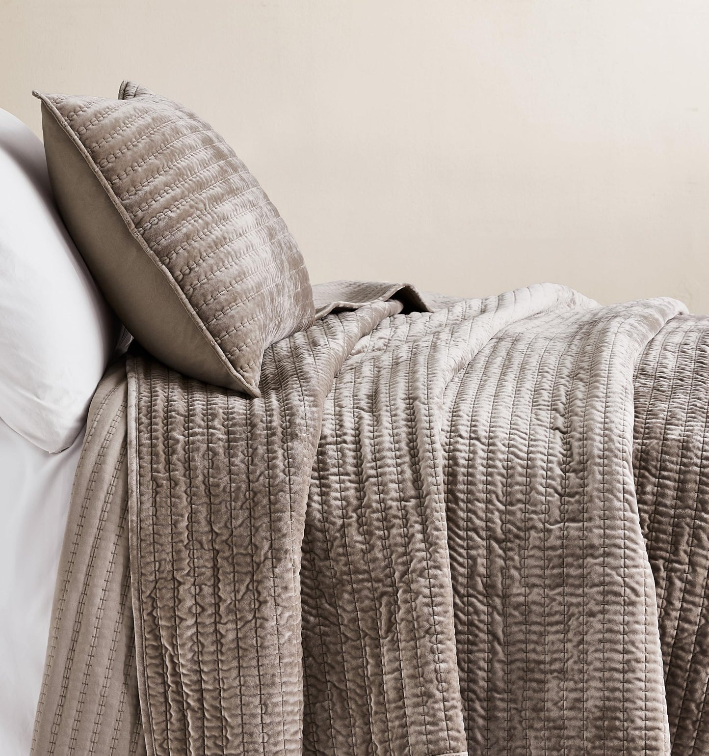 WDCOZY Velvet King Size Quilt Set - Brown Taupe Tan Camel Striped Pick Stitch Soft Lightweight Bedspread, Channel Farmhouse Country Rustic Coverlet, Modern Bedding Warm Thin Comforter, 3 Pieces
