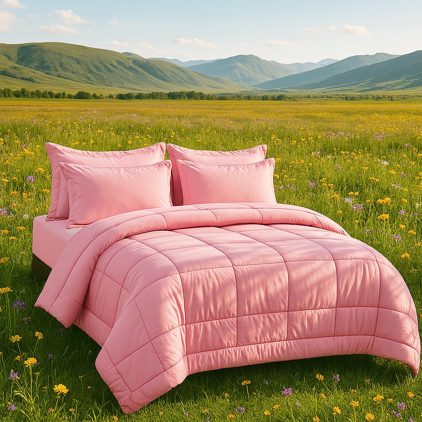 DOWNCOOL Full Size Comforter Sets, 7Pcs Full Size Bedding Sets Pink, All Season Down Alternative Bedding Comforter Sets with Comforter, Flat Sheet, Fitted Sheet, 2 Pillow Shams & 2 Pillowcases
