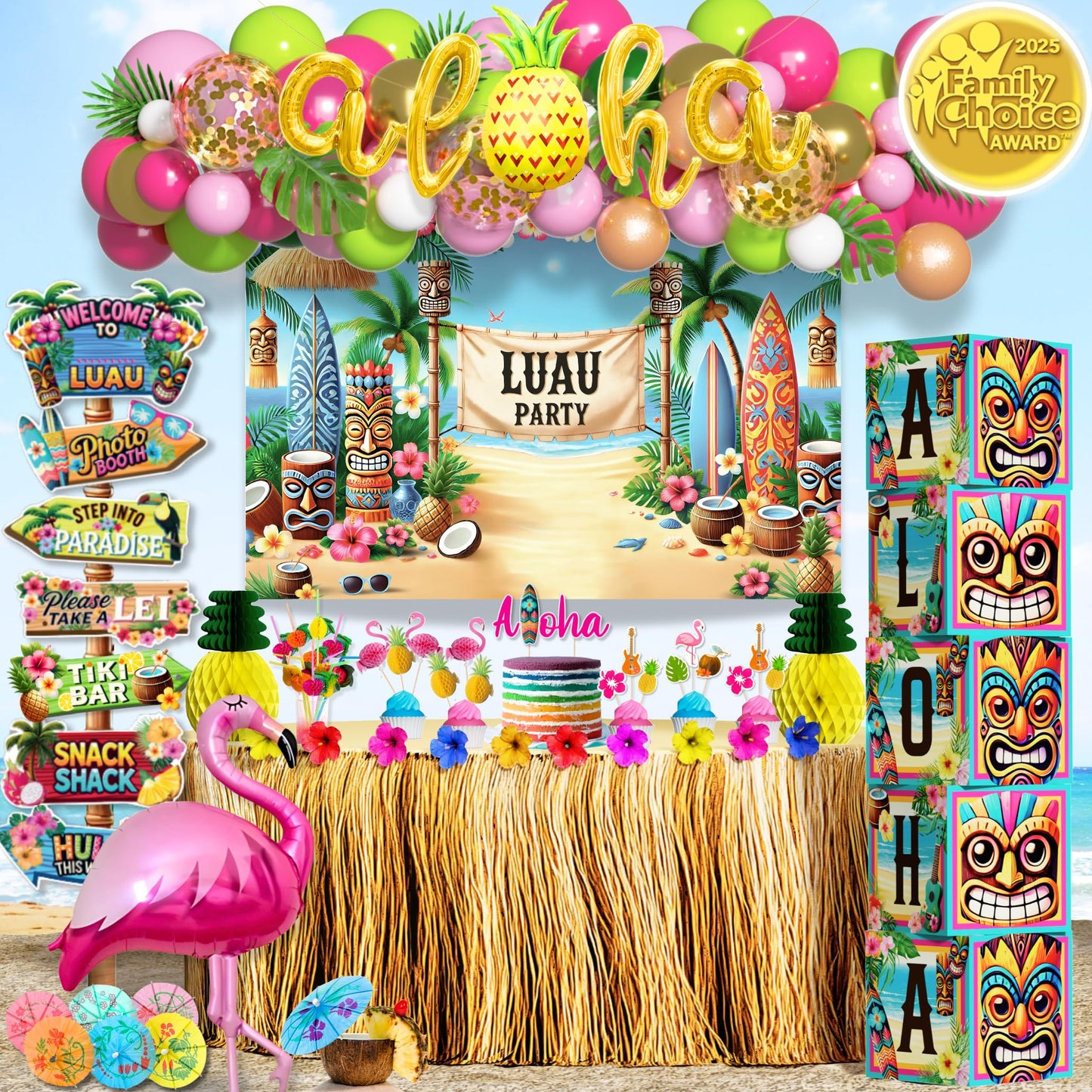 180 pc Premium Luau Party Decorations Set – Hawaiian Birthday Party Decor with Balloons, Backdrop, Table Skirt, Toppers & More – Tropical Aloha Themed Supplies for Indoor & Outdoor Celebrations