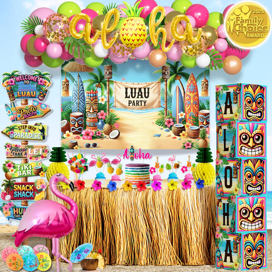180 pc Premium Luau Party Decorations Set – Hawaiian Birthday Party Decor with Balloons, Backdrop, Table Skirt, Toppers & More – Tropical Aloha Themed Supplies for Indoor & Outdoor Celebrations