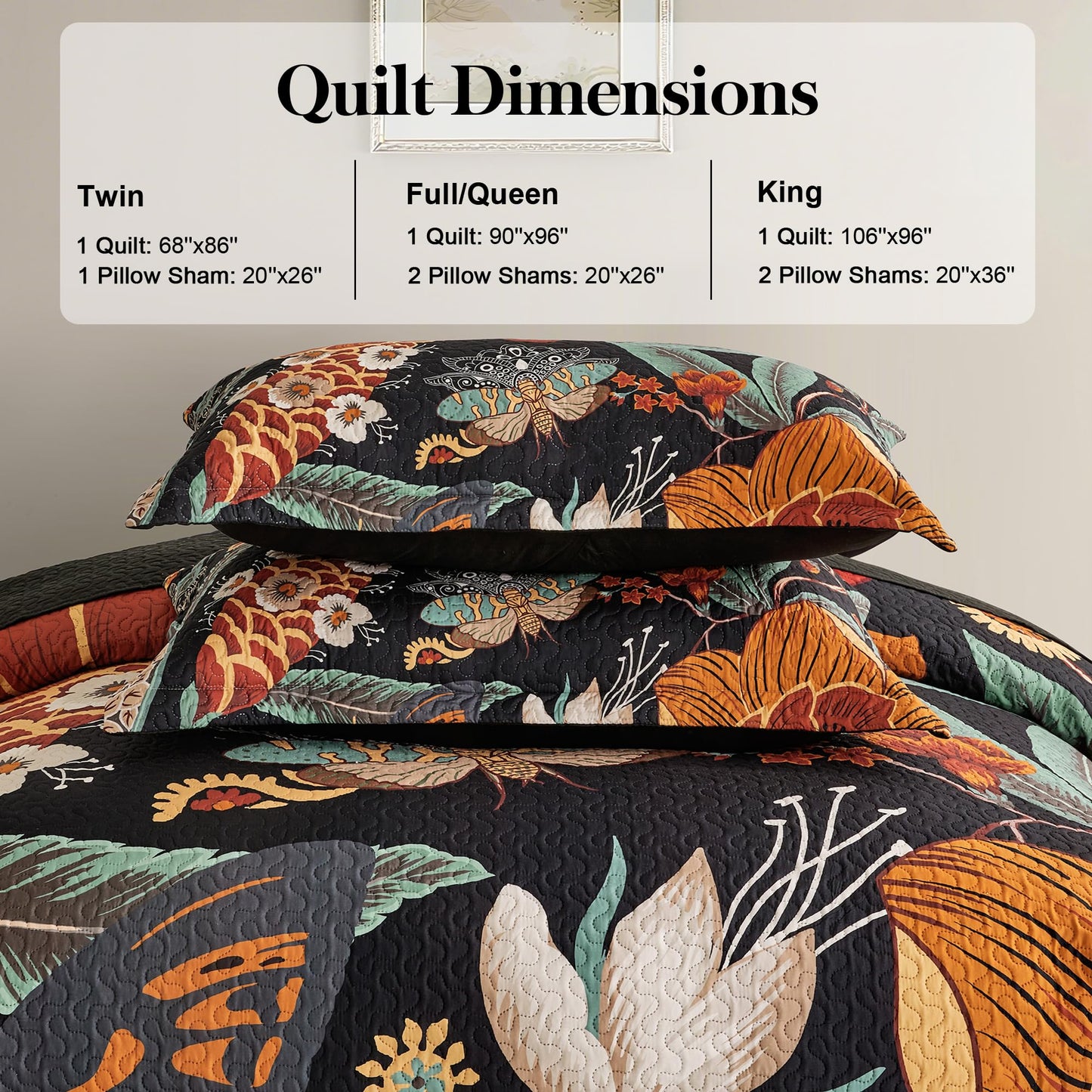 Tyrot 3 Piece Black Boho Floral King Size Quilt Sets Reversible Farmhouse Botanical Lightweight Bedspread Coverlet with 2 Shams Butterfly Microfiber Bedding Quilts Set for All Season, 106''x96''