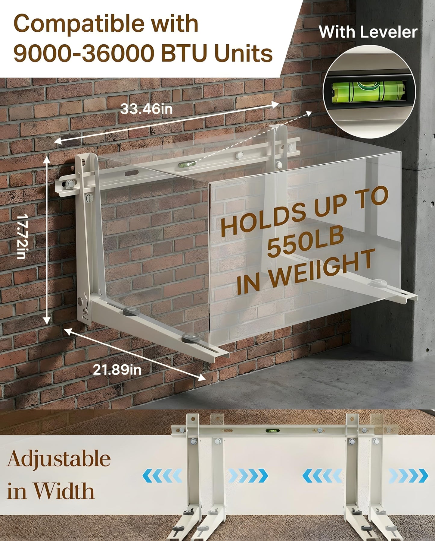 Heavy Duty Mini Split Wall Mounting Bracket, 550lb Load Capacity, Galvanized Steel with Dual Anti-Rust Coating, Adjustable Leveling Design, Anti-Vibration Pads, Fits 9000–36000 BTU Outdoor AC Units