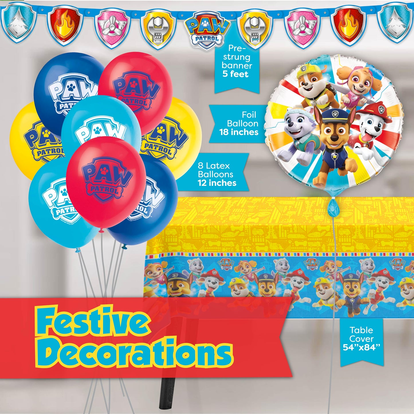 Paw Patrol Birthday Decorations | Serves 16 Guests | Paw Patrol Party Supplies | Balloons, Banner, Tablecloth, Dinner & Cake Plates, Napkins, Button