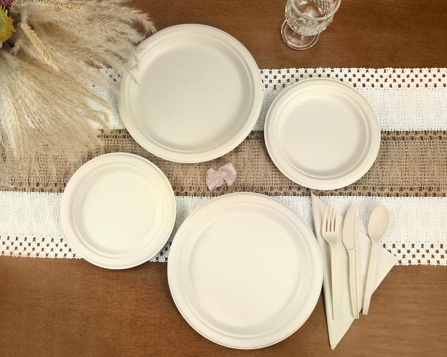 BSDPREF 300 Pack Paper Plates Set Party Supplies Severs 50 Guests Disposable Party Plates Sugarcane Forks Knives Spoons Heavy-Duty Paper Plate Bagasse Natural Compostable Eco-Friendly Birthday Wedding