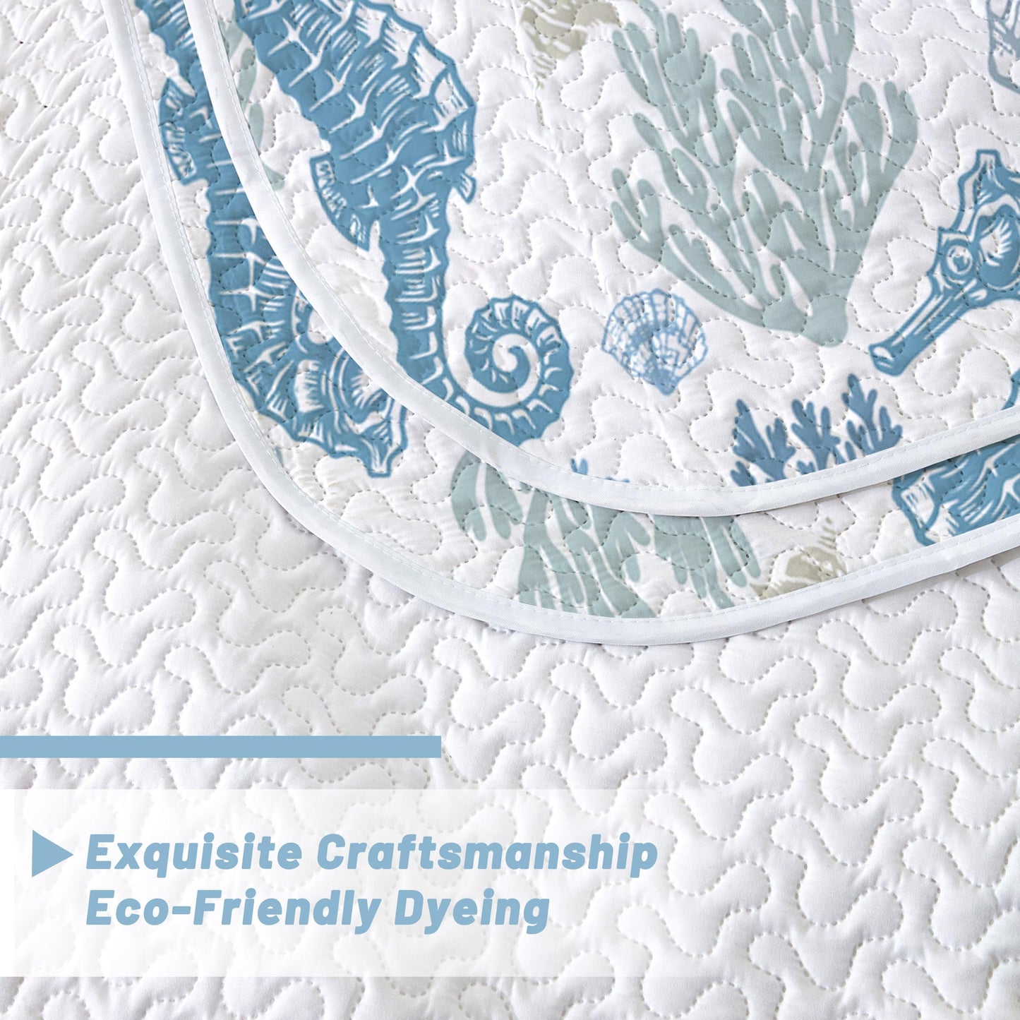 weesire Coastal Bedding Queen Size Coastal Quilt with 2 Shams, Nautical Beach Comforter Sets Ocean Bedspreads Blue Seahorse Coverlet Summer Bedding, 90''x96''