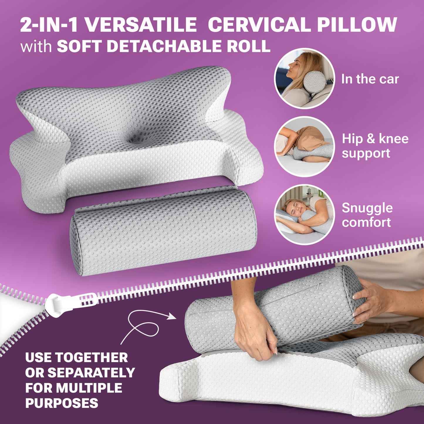 3-in-1 Orthopedic Pillow, Cervical Neck Pillow for Sleeping, Adjustable Height Memory Foam Neck Pillow and Detachable Roll, Contour Pillow for Neck Pain Relief for All Sleeping Positions (Gray)