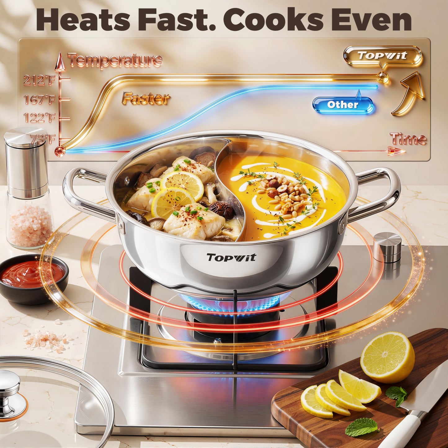 TOPWIT 3-Ply Construction 316 Stainless Steel Double-flavor Shabu Shabu Pot, 5.5QT Hot Pot with Divider, 11″ Dual Side Pot for Cooking, Hotpot for Induction Cooktop, Gas/Ceramic Cooktop, Hot Burner