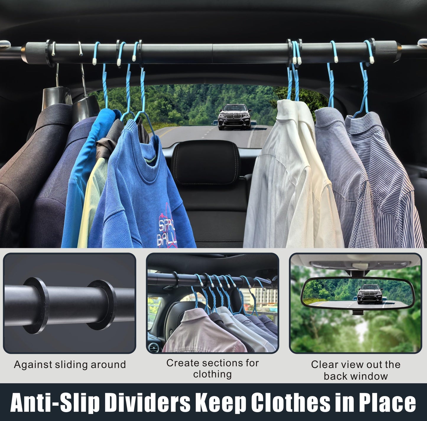 Heavy Duty Telescopic Car Clothes Hanger Bar - Adjustable 30''-66'' Garment Rack Travel Closet Hanging Rod for Vehicle Truck SUV RVs Extendable Metal Pole for Automobile Clothing Organizers & Storage