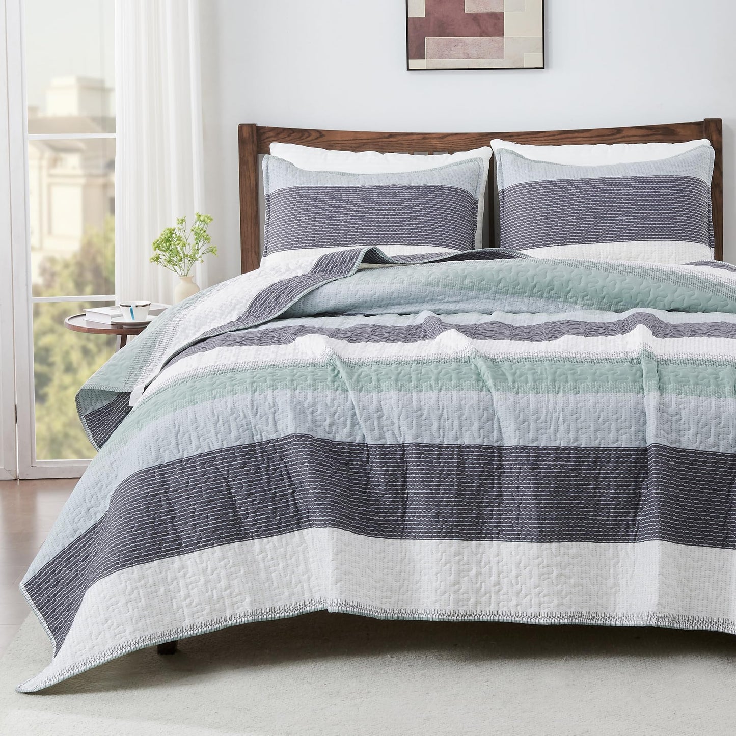 Andency Queen Quilt Bedding Set Sage Green, 3 Pieces Patchwork Mint Green Striped Ultra Soft Lightweight Bedspreads, Coverlets Set with 2 Pillow Shams for All Seasons (90"x96")