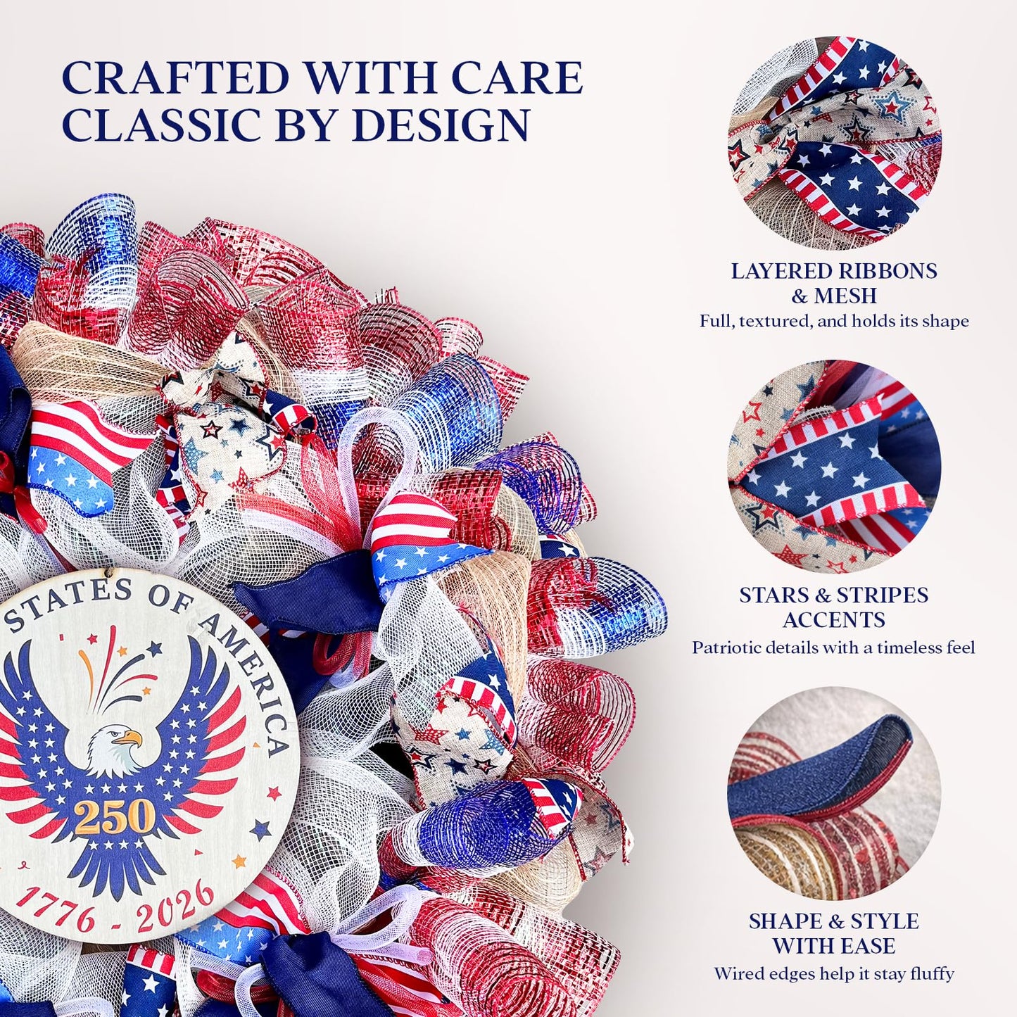 Presentastic 250th Anniversary Patriotic Wreaths for Front Door, 24 Inch Large 4th of July Wreath with Removable 1776-2026 Eagle Door Sign, Handcrafted Memorial Day Decorations with Light &Storage Bag