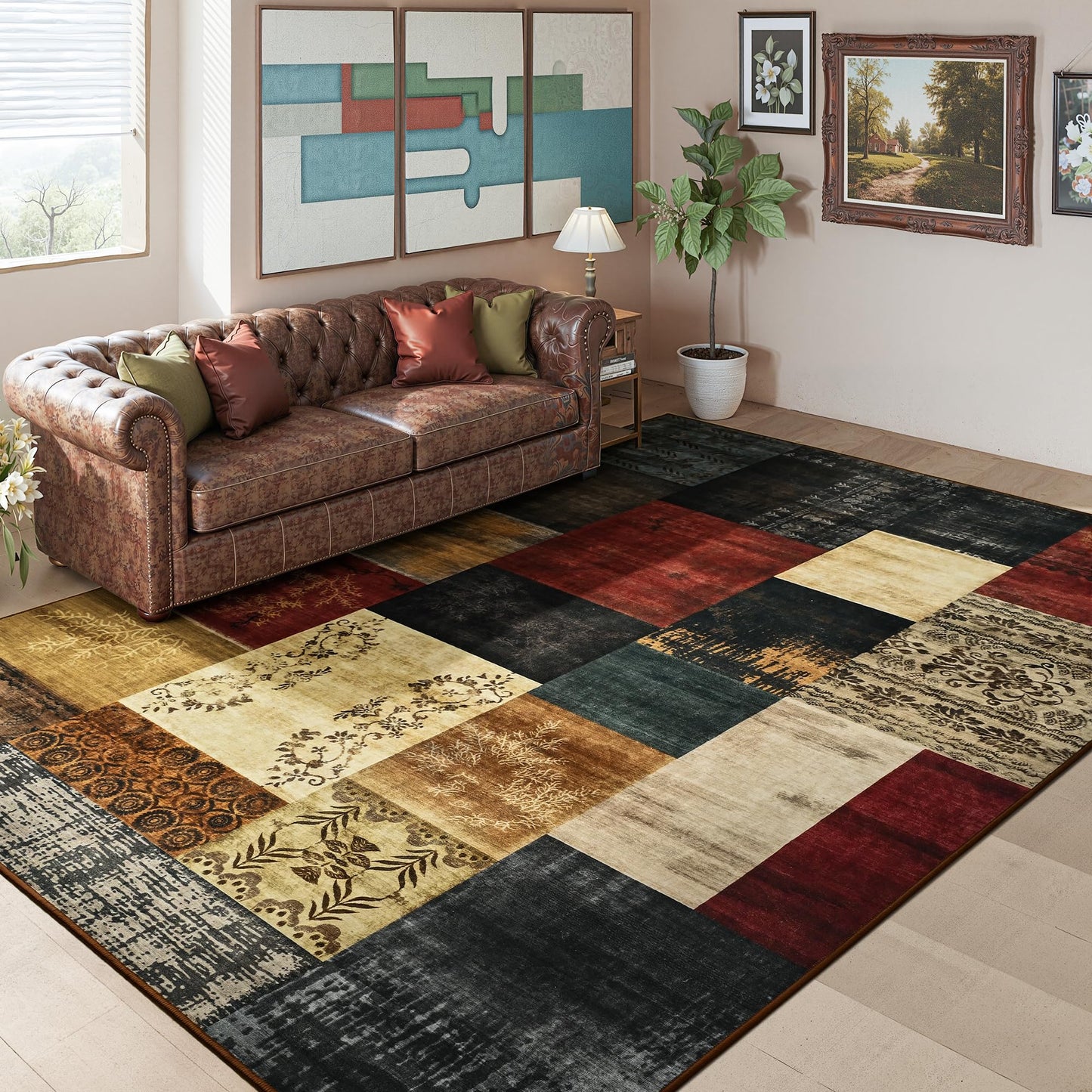 Tepook Modern Area Rug for Living Room, 5x7 Geometric Large Rugs for Bedroom, Washable Patchwork Rug Indoor Non-Slip Throw Carpets for Dining Room Office Farmhouse Home Decor, Multi