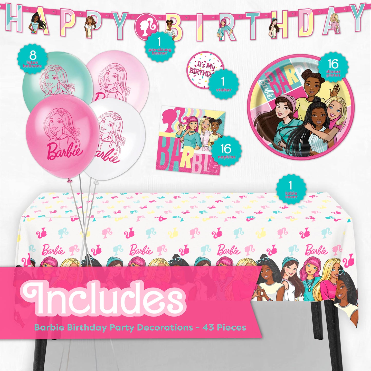 Barbie Birthday Party Decorations for Party | Serves 16 Guests | Balloons, Banner, Tablecloth, Plates, Napkins, Sticker | Officially Licensed