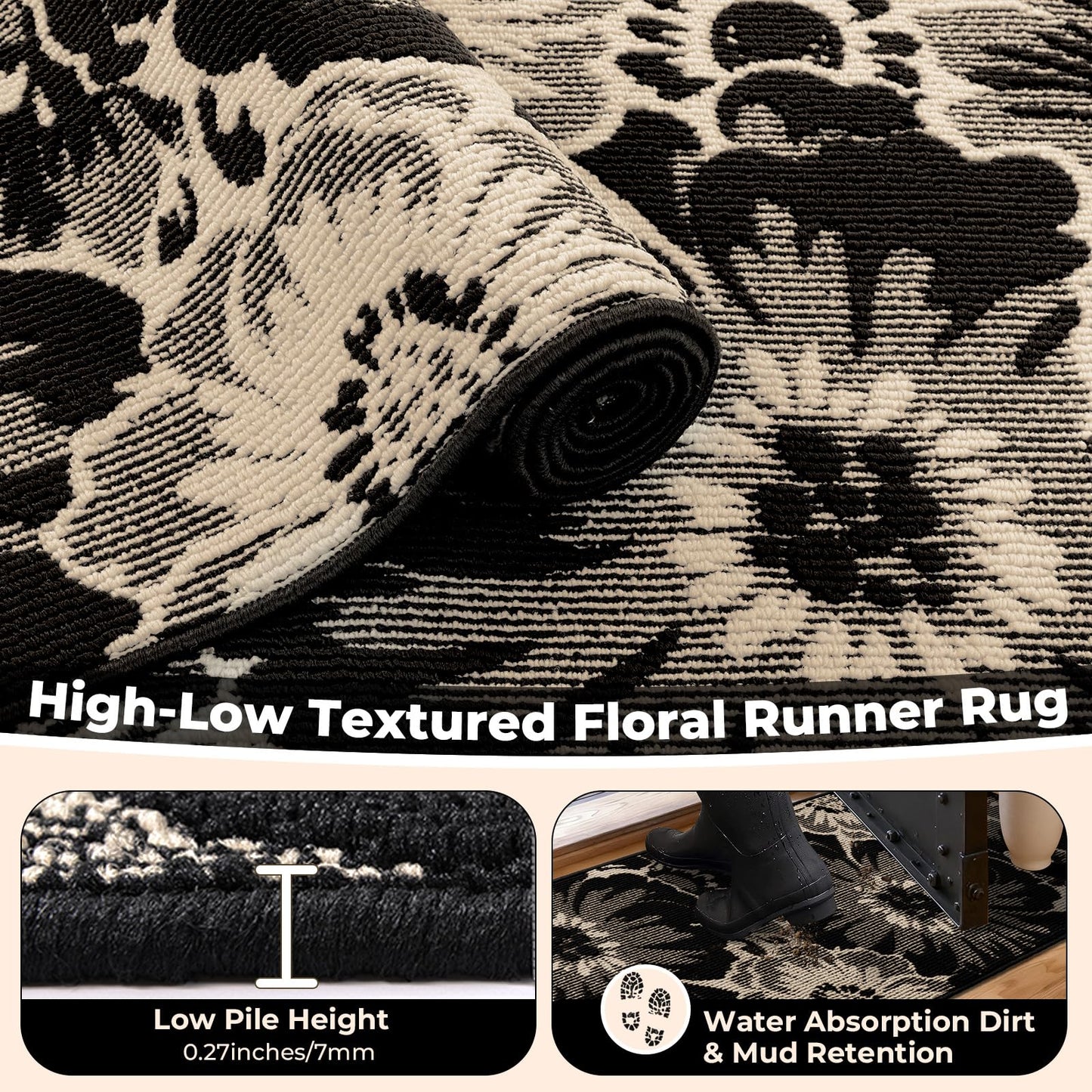 Findosom Hallway Runner Rug 2x10, Non Slip High-Low Textured Floral Washable Runner Rug with Rubber Backing, Boho Carpet Runner for Kitchen, Entryway, Bedroom, Laundry, Black & Beige