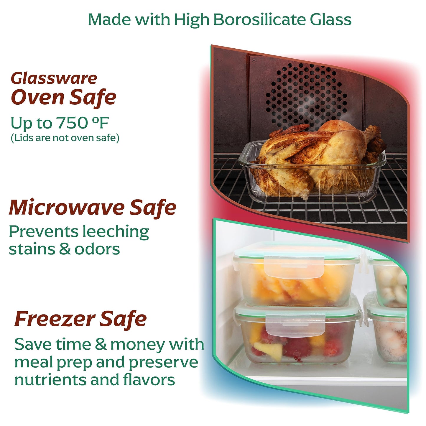 Fusion Gourmet 8 Pack 35 oz Glass Storage Containers with Lids - Airtight, Leakproof, Oven, Microwave & Freezer Safe, Stain & Odor Resistant, Reusable Meal Prep Containers (16-Piece)