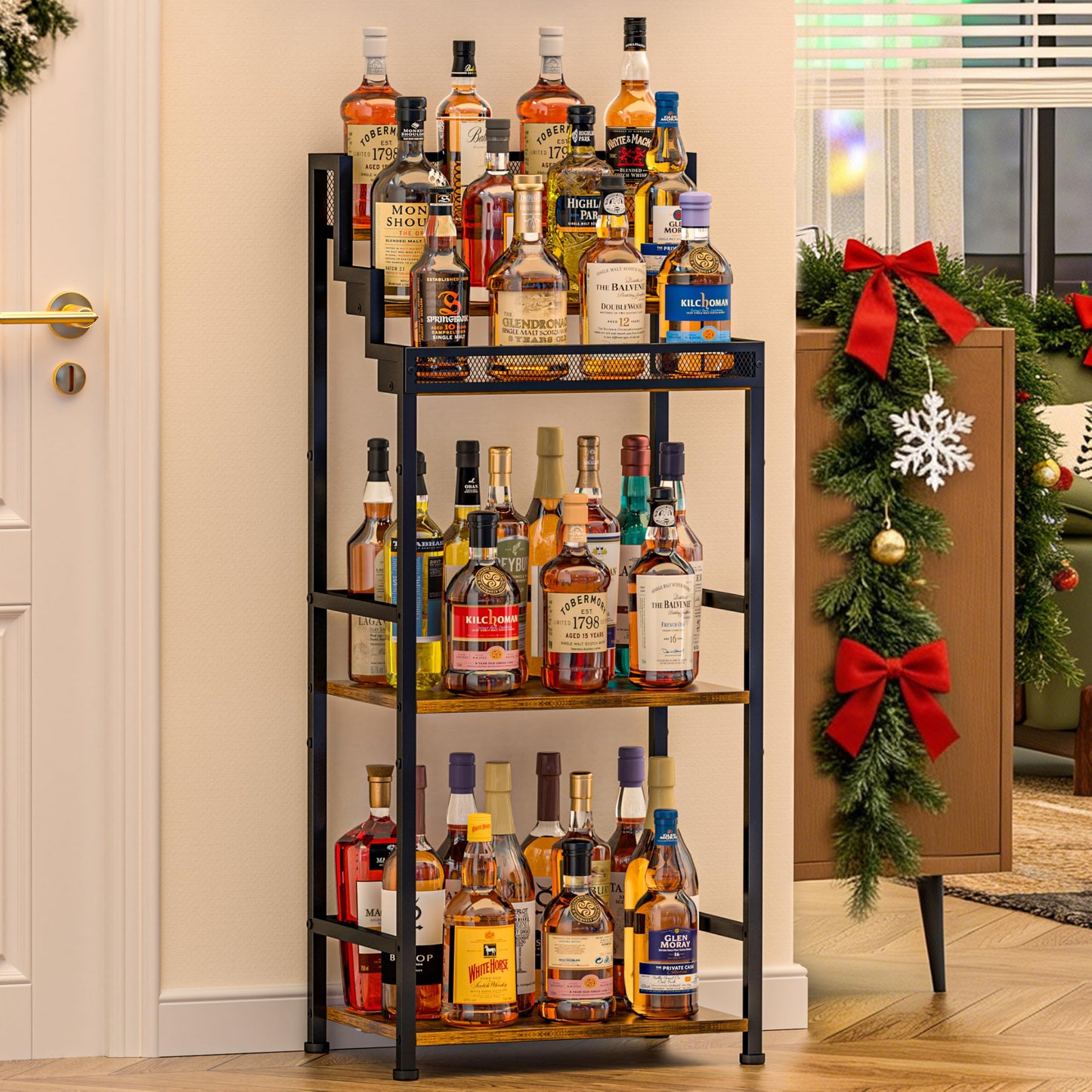 Jsskeeim Trapezoidal Liquor Cabinet Bar for Home, Stepped Wine Rack Freestanding Floor, Corner Syrup & Whiskey Stand, Large-Capacity Alcohol Bottle Storage Display Shelf Living Room, Patent Pending