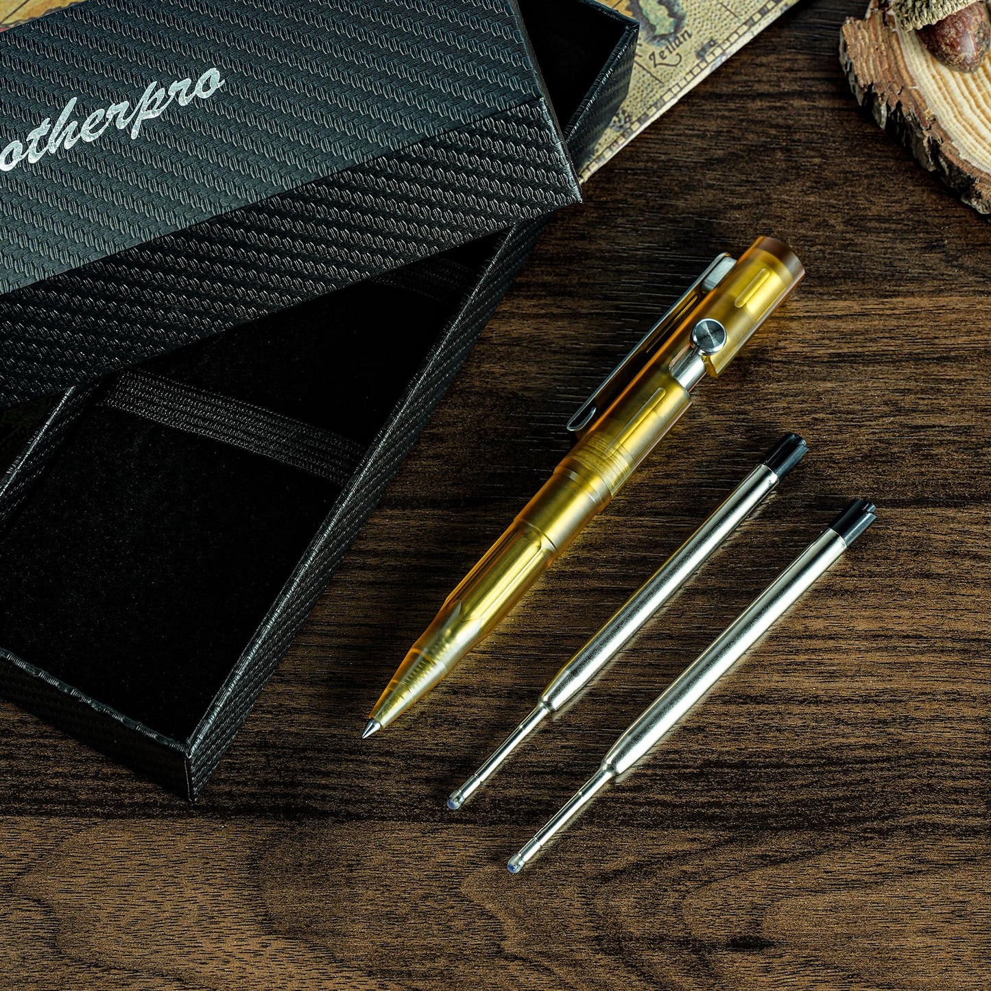 SMOOTHERPRO Bolt Action Pen, PEI Ballpoint Pen, 0.5mm Fine Point Black Ink Retractable Pen, Compatible with Parker Refills, EDC Pen for Writing, Office, Left-Handed Friendly, Amber