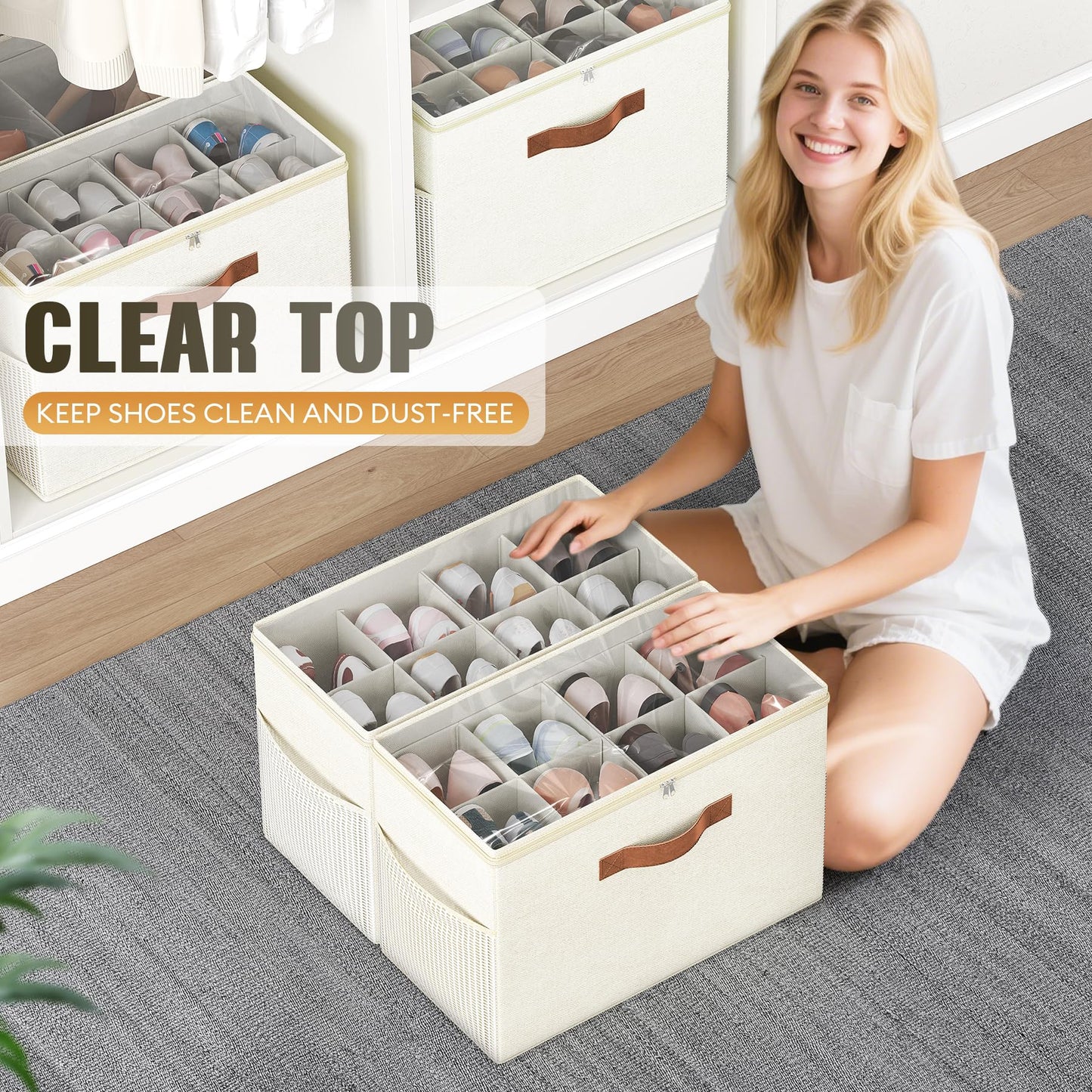 Budding Joy 2 Pack Shoe Organizer for Closet, Clear Foldable Shoe Storage Containers Adjustable Dividers Fits 16 Pairs,Shoe Storage Bins Baskets Boxes with Reinforced Handles Beige