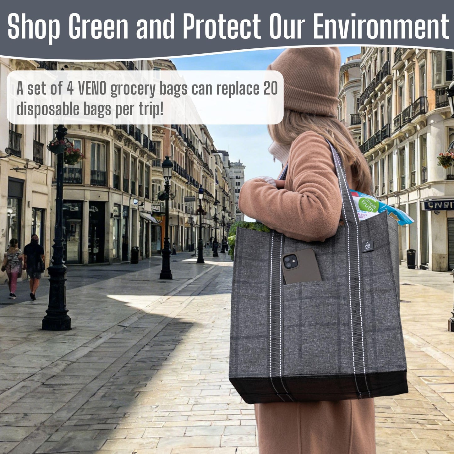 VENO 4 Pack Reusable Grocery Bags with Hard Bottom, Heavy-Duty Shopping Bags for Shopping Cart (Windowpane, 4 Pack)