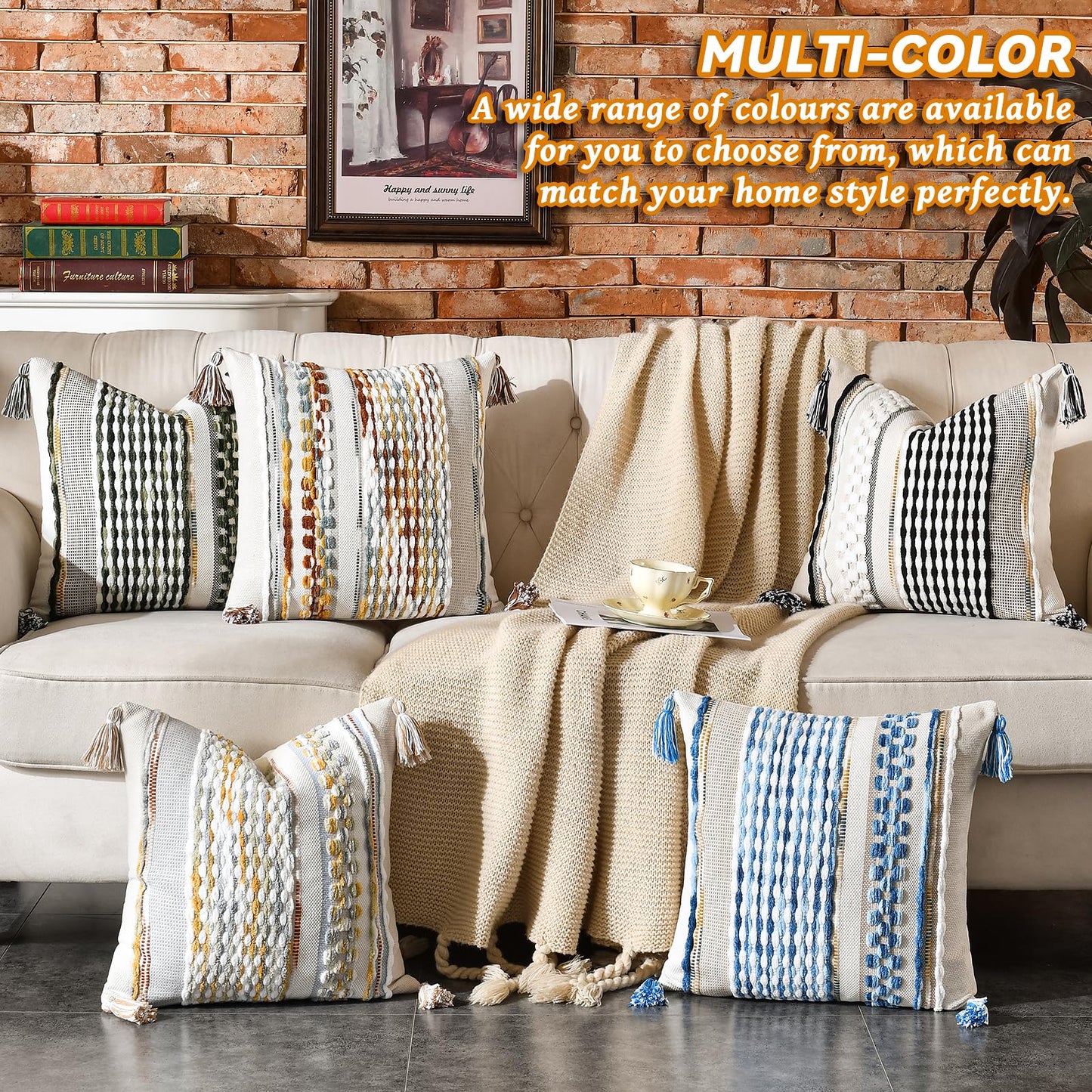 AmHoo Set of 2 Chenille Striped Textured Boho Throw Pillow Covers Aesthetic with Tassels Woven Decorative Pillow Case for Couch Bed Sofa Bedroom Modern Funky 18 x 18-Inch Brown