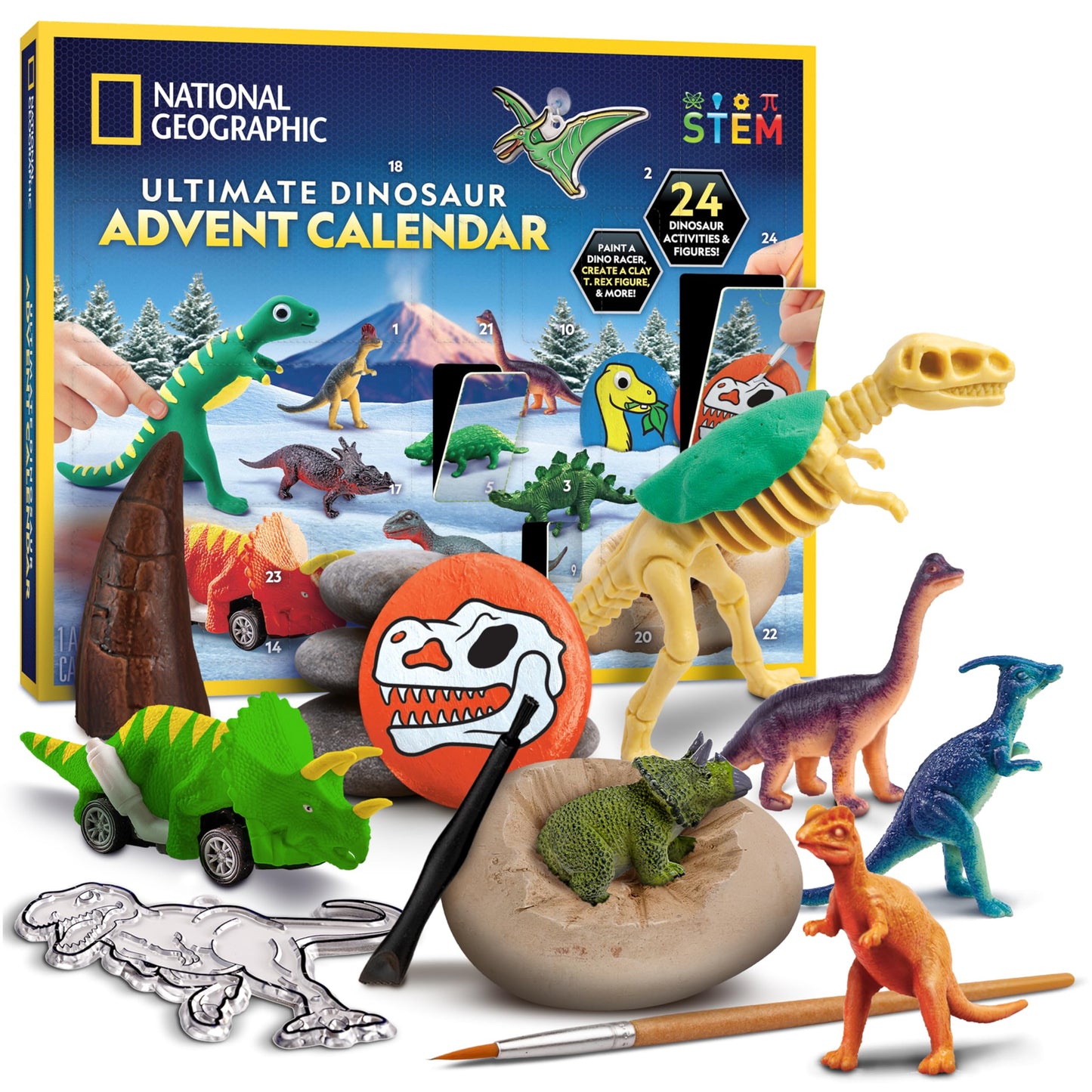 NATIONAL GEOGRAPHIC 2026 Dinosaur Advent Calendar - Countdown Calendar with 24 Dino Activities & Figures, Paint A Dinosaur Racer, Create a Clay T. Rex, Excavate a Dino Tooth Replica & More